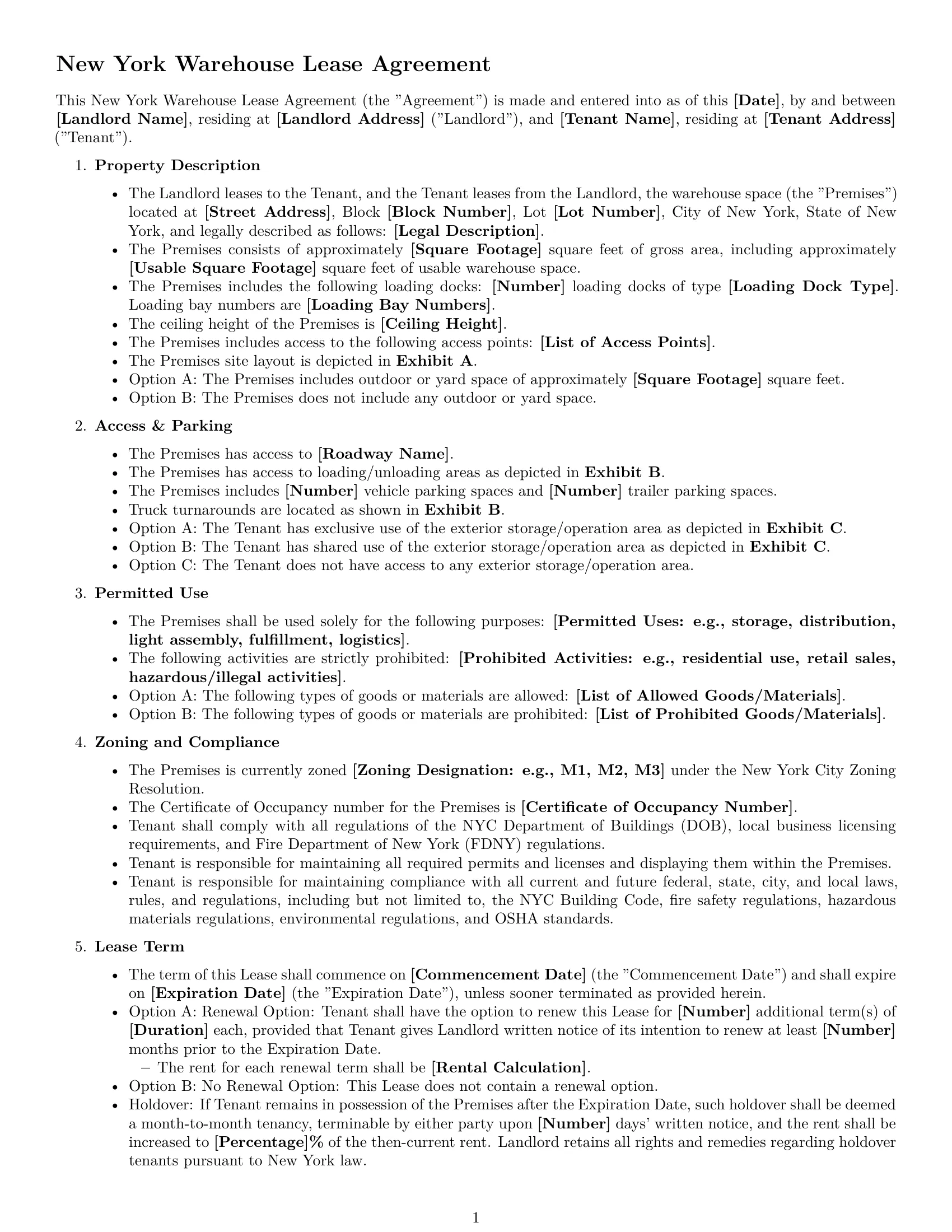 Preview page 1 of Free New York warehouse lease agreement template