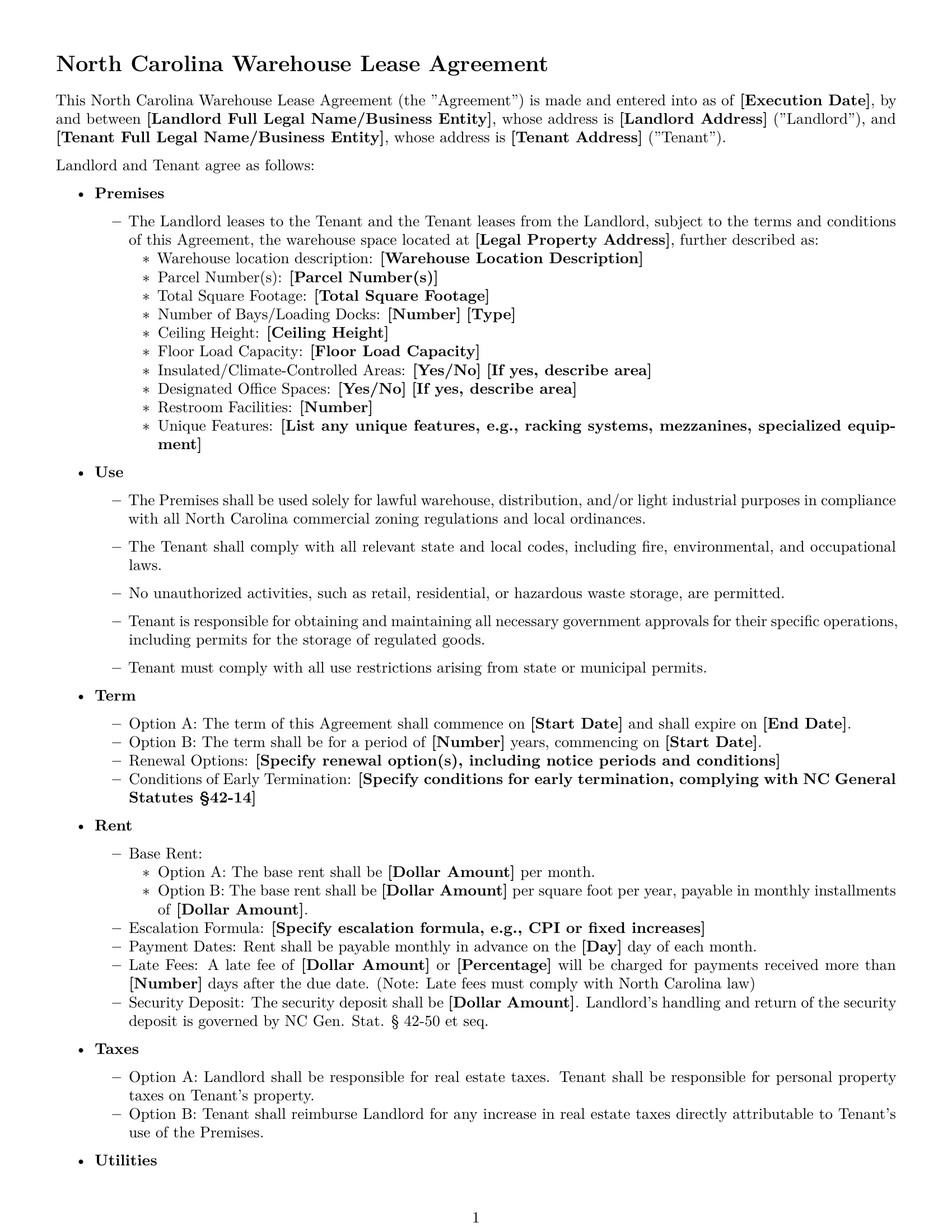 Preview page 1 of Free North Carolina warehouse lease agreement template