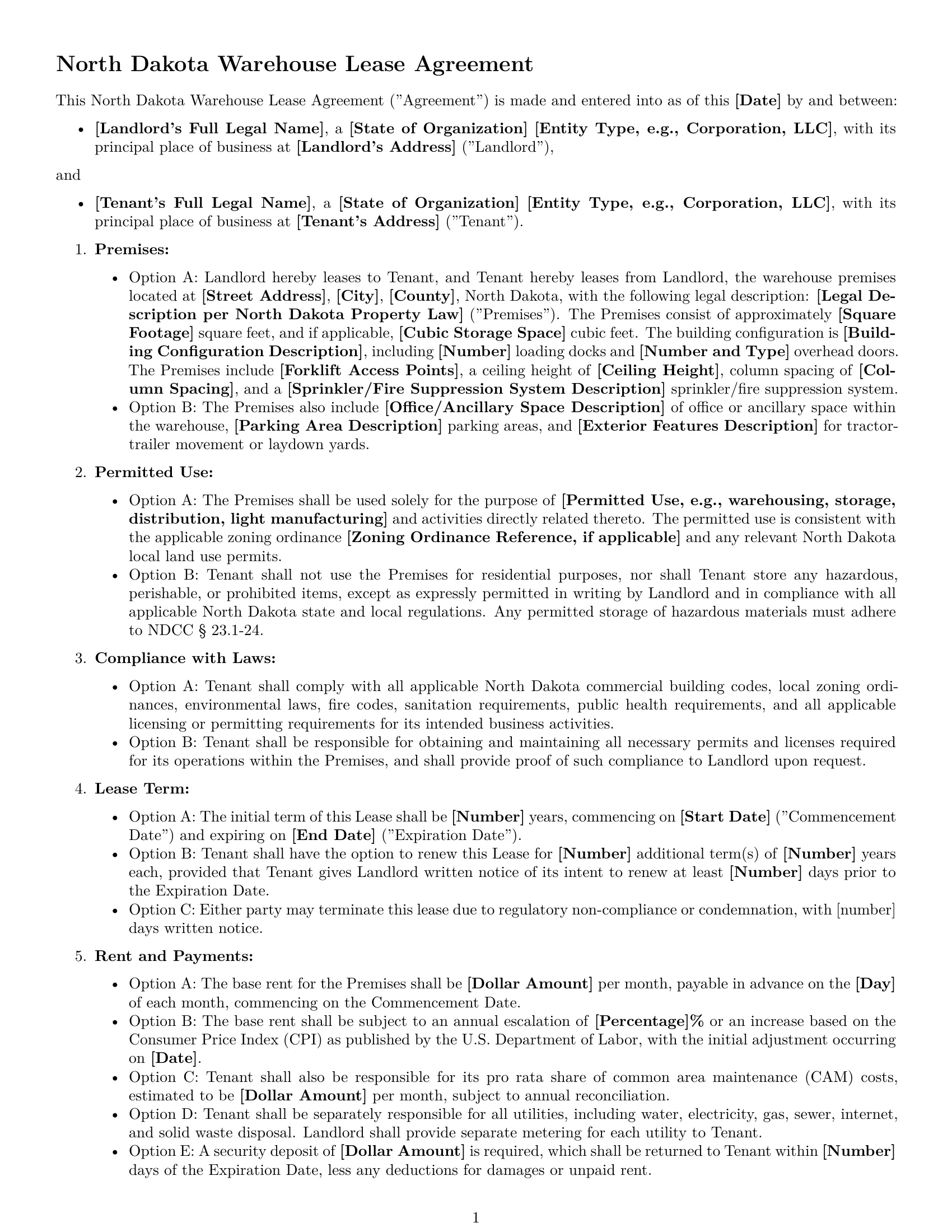 Preview page 1 of Free North Dakota warehouse lease agreement template