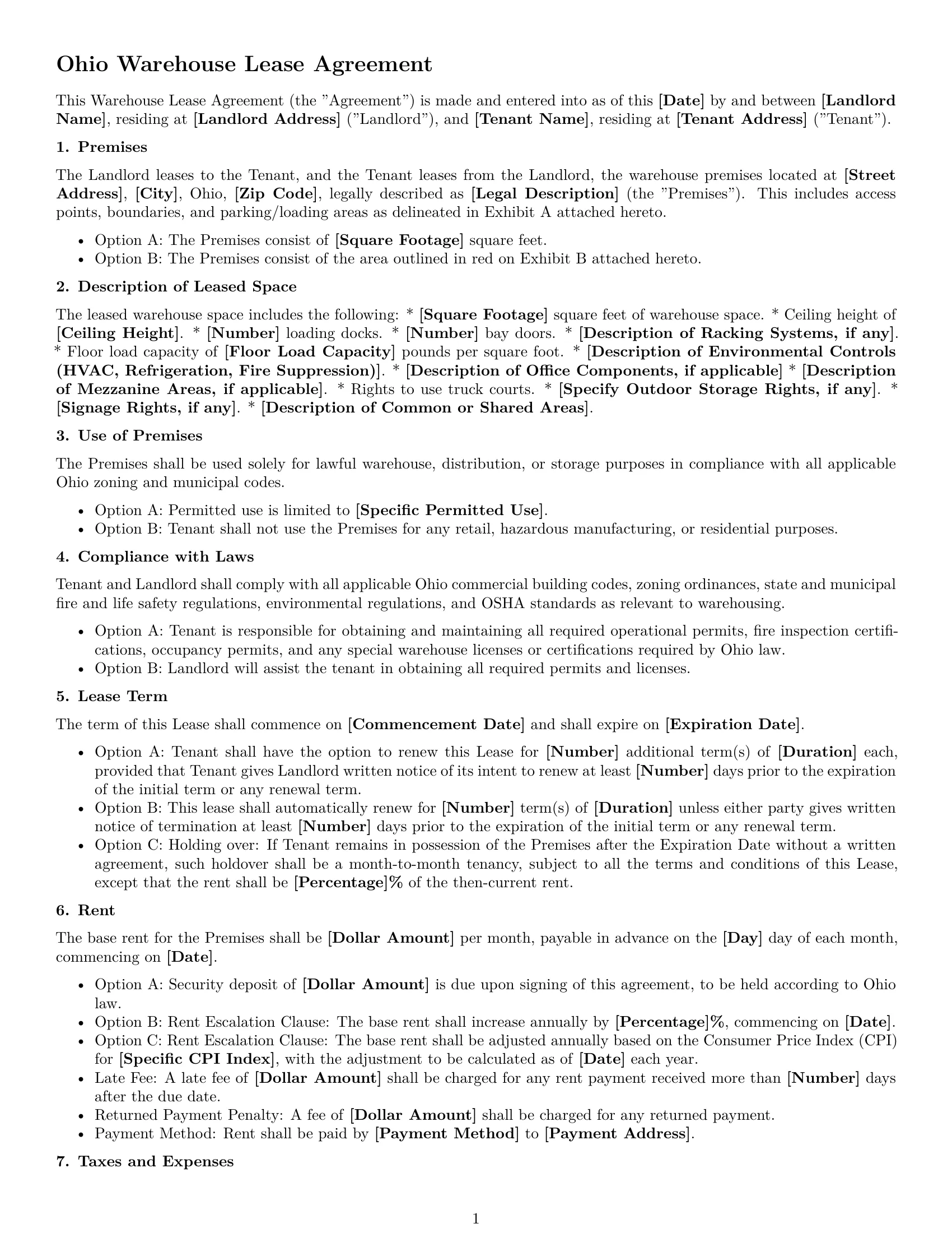 Preview page 1 of Free Ohio warehouse lease agreement template