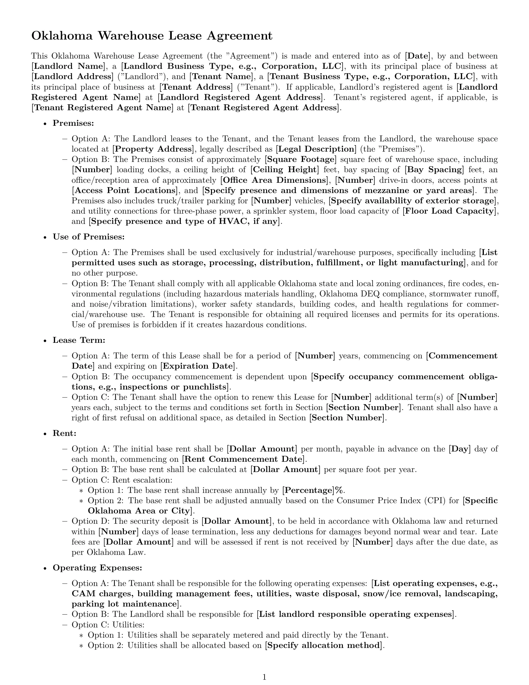 Preview page 1 of Free Oklahoma warehouse lease agreement template