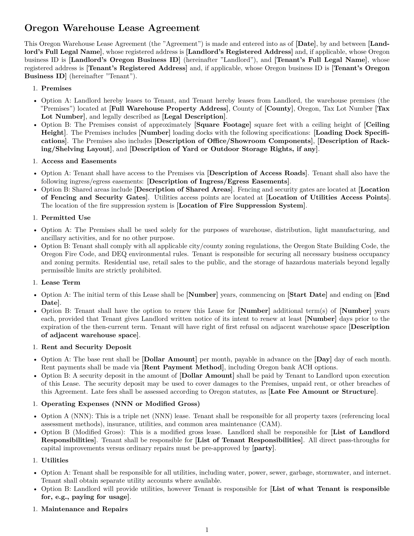 Preview page 1 of Free Oregon warehouse lease agreement template