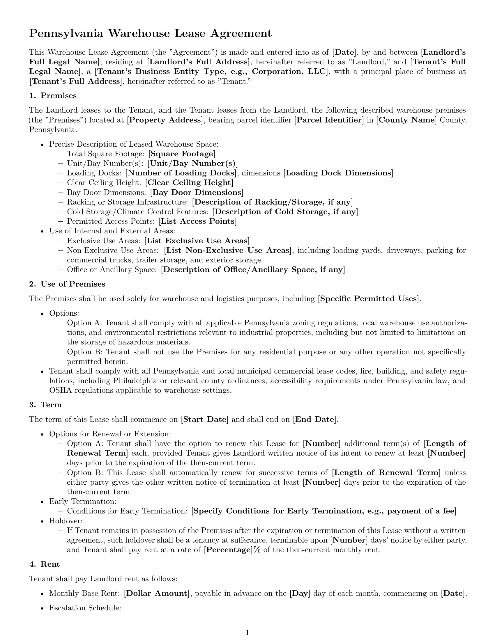 Preview page 1 of Free Pennsylvania warehouse lease agreement template