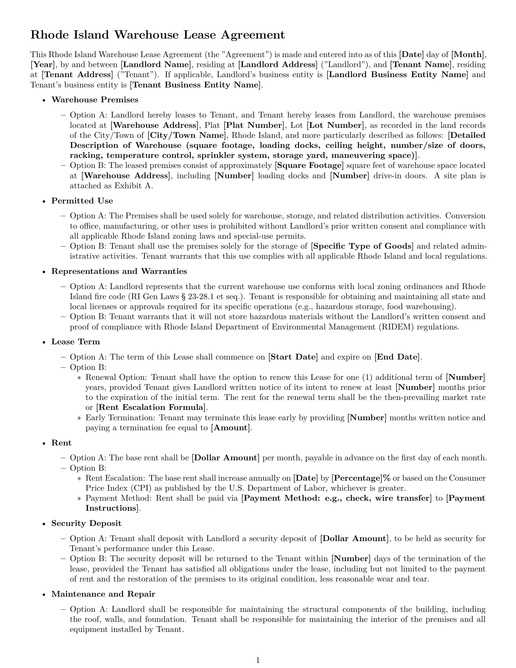 Preview page 1 of Free Rhode Island warehouse lease agreement template