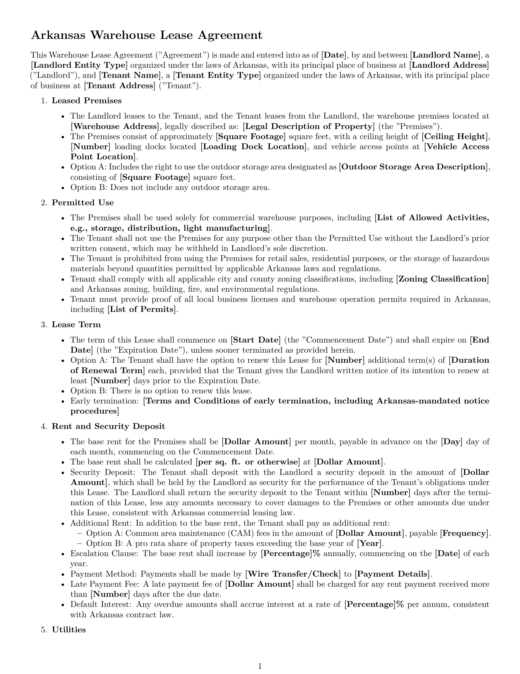 Preview page 1 of Free Arkansas warehouse lease agreement template