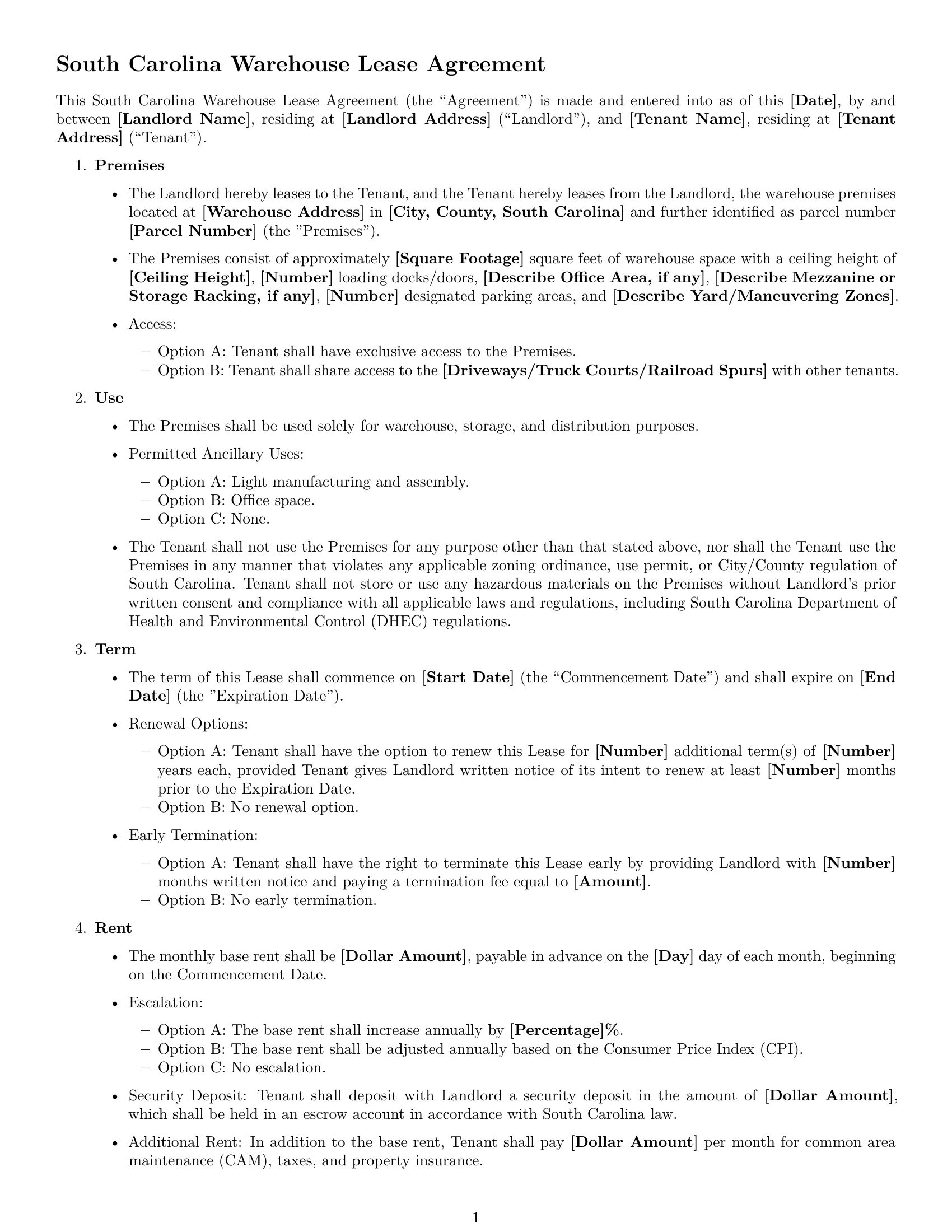 Preview page 1 of Free South Carolina warehouse lease agreement template