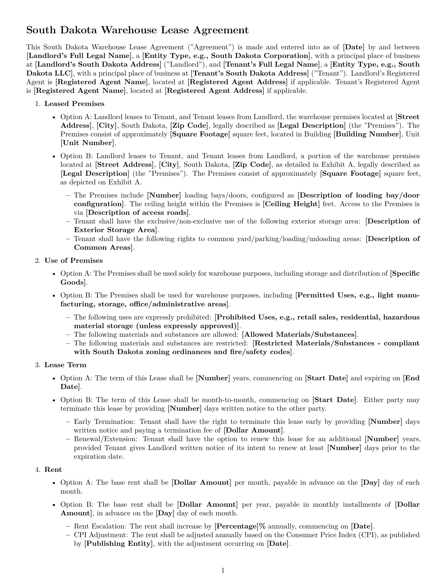 Preview page 1 of Free South Dakota warehouse lease agreement template