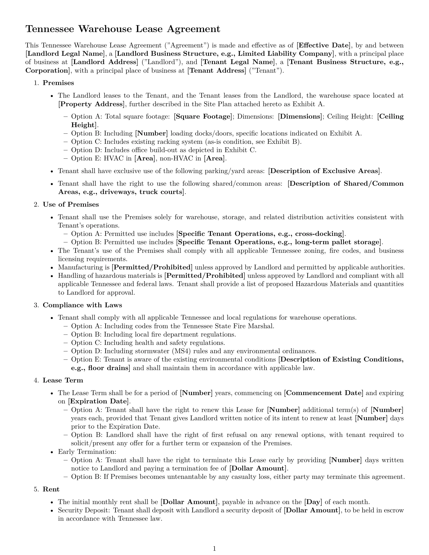 Preview page 1 of Free Tennessee warehouse lease agreement template