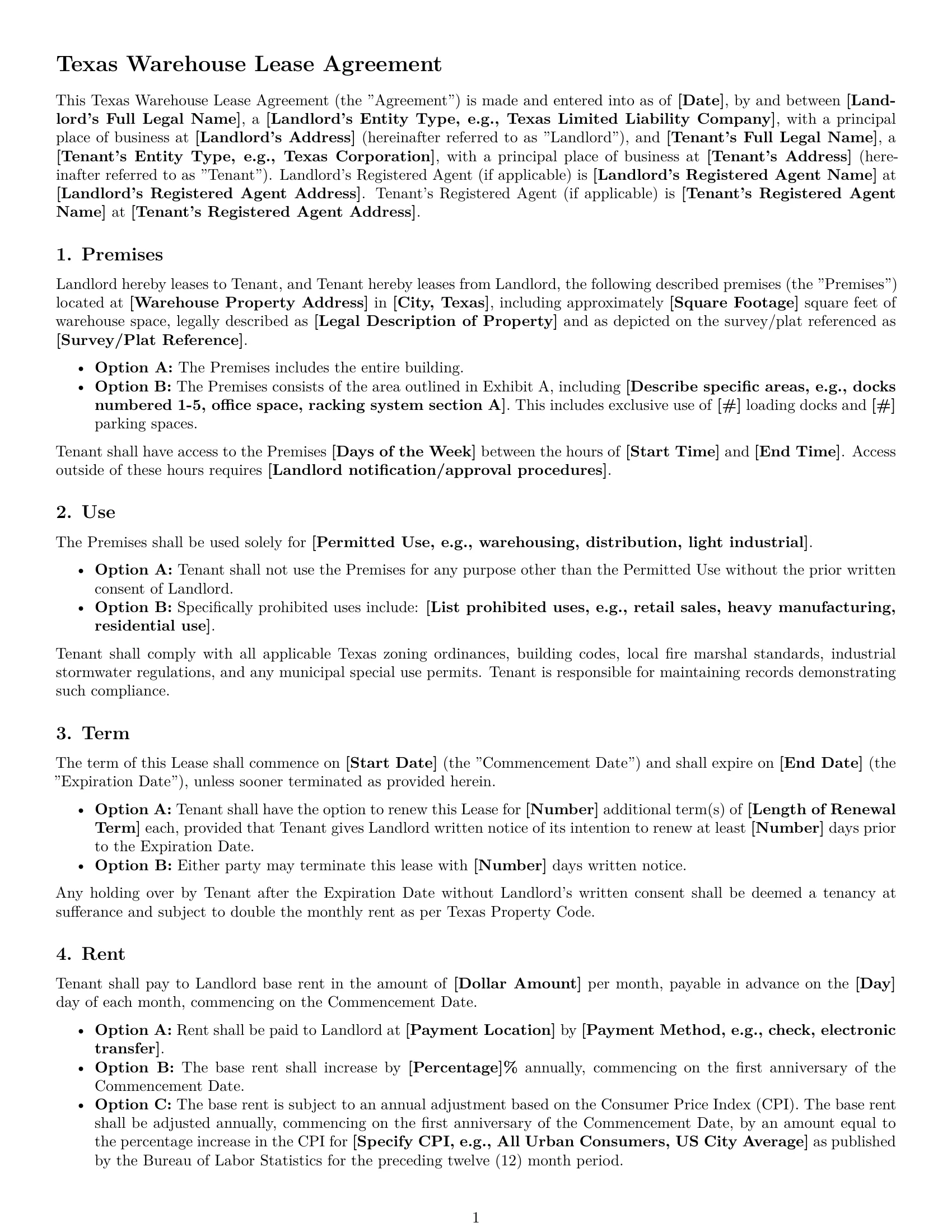 Preview page 1 of Free Texas warehouse lease agreement template