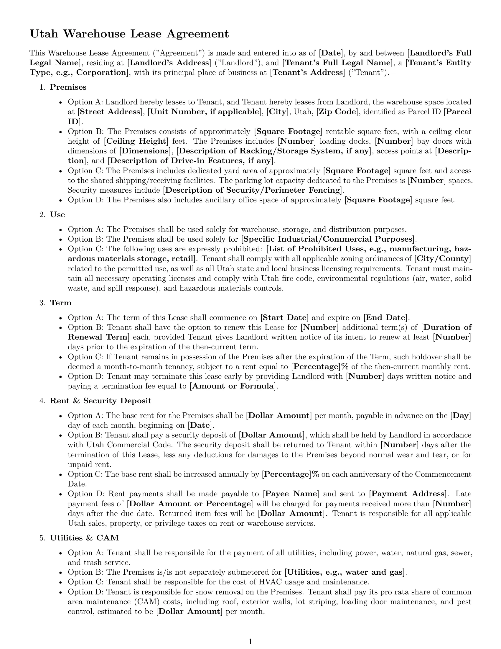 Preview page 1 of Free Utah warehouse lease agreement template