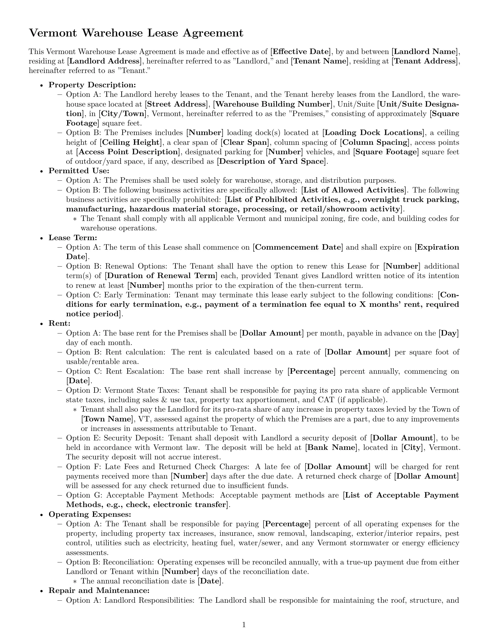 Preview page 1 of Free Vermont warehouse lease agreement template