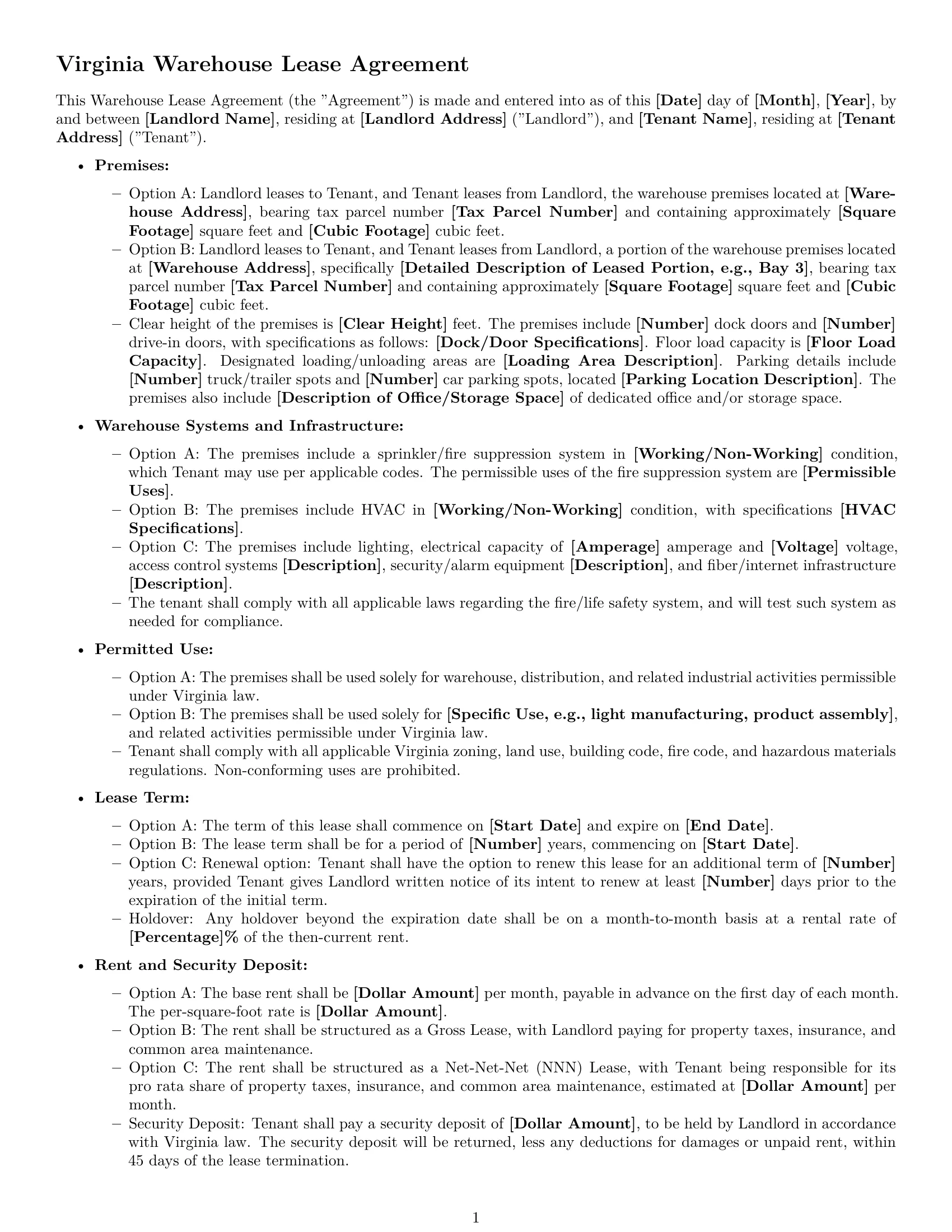 Preview page 1 of Free Virginia warehouse lease agreement template