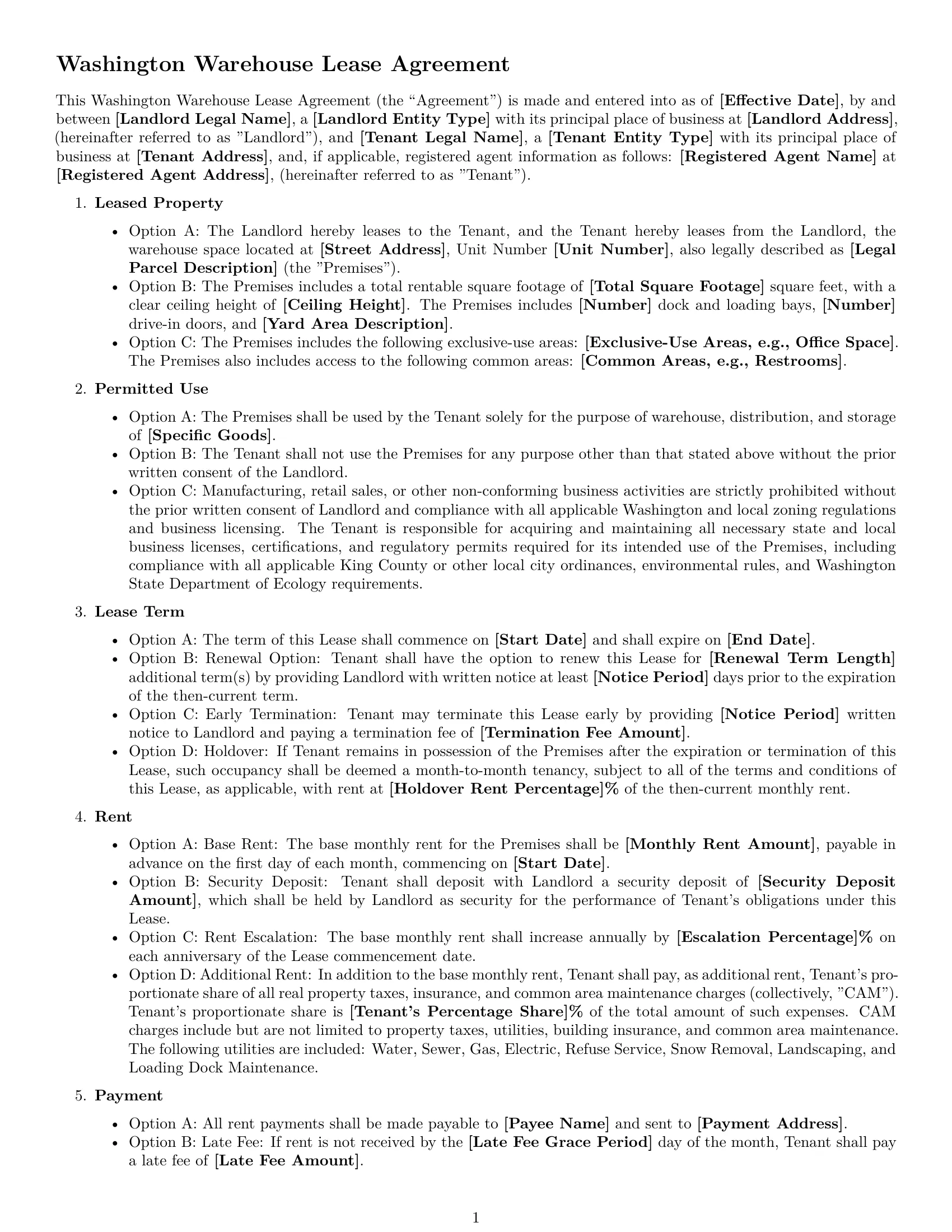 Preview page 1 of Free Washington warehouse lease agreement template