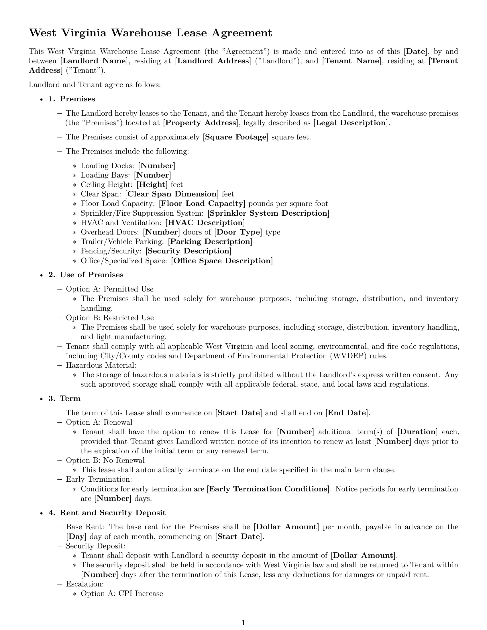 Preview page 1 of Free West Virginia warehouse lease agreement template