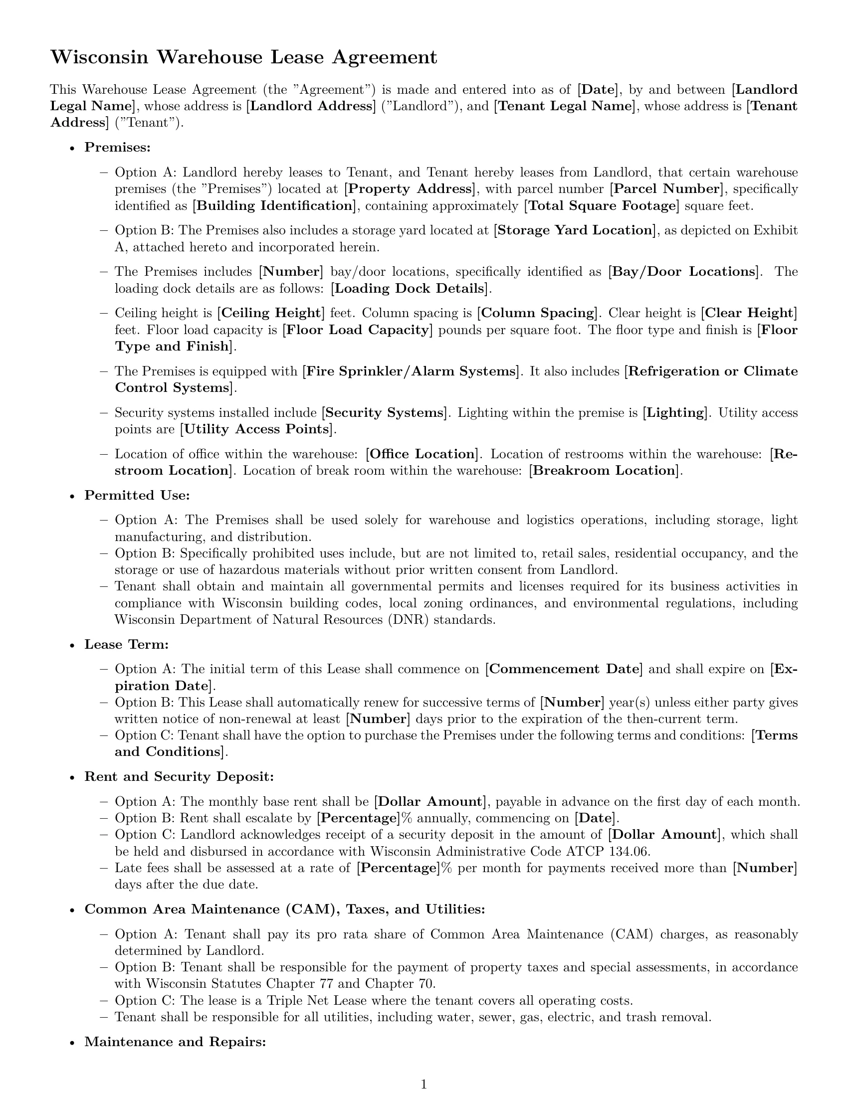 Preview page 1 of Free Wisconsin warehouse lease agreement template