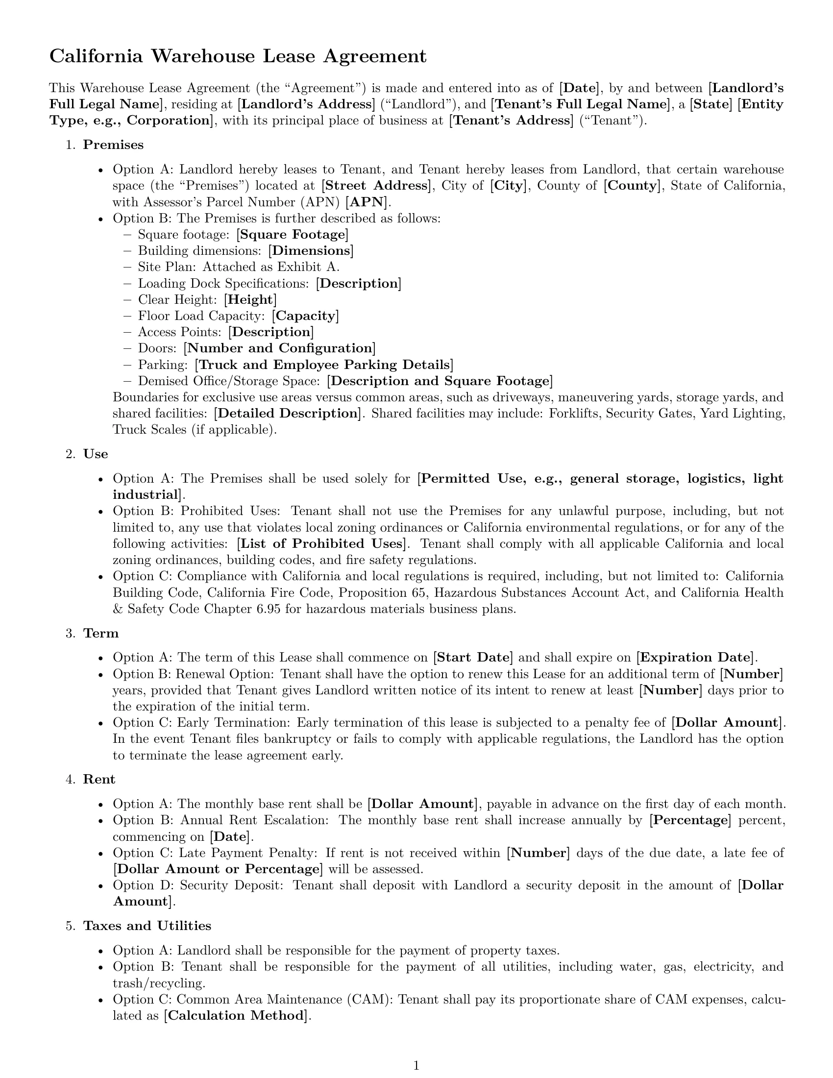 Preview page 1 of Free California warehouse lease agreement template