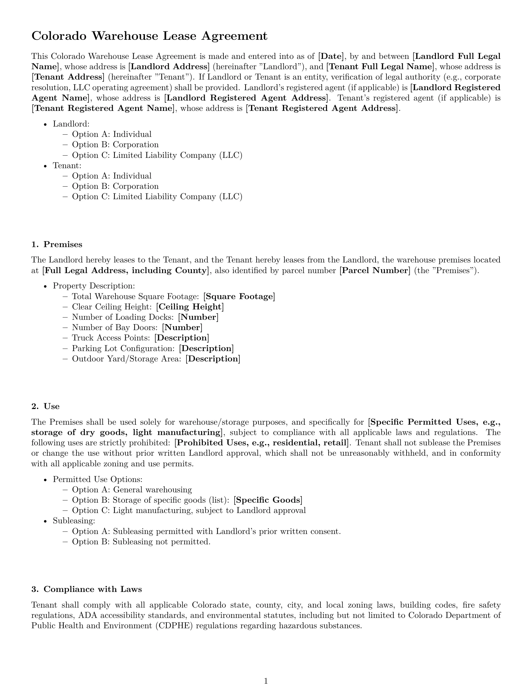 Preview page 1 of Free Colorado warehouse lease agreement template