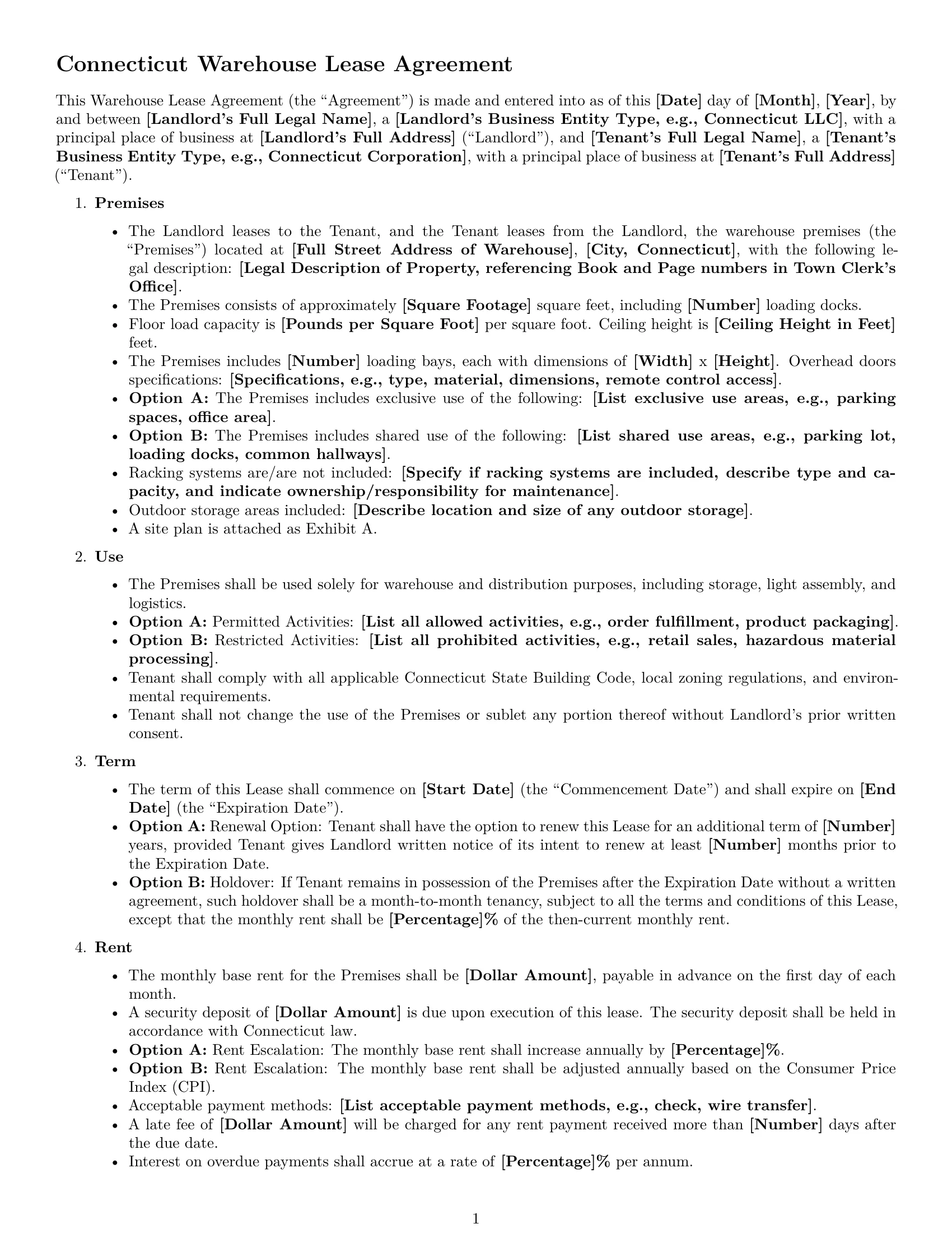 Preview page 1 of Free Connecticut warehouse lease agreement template
