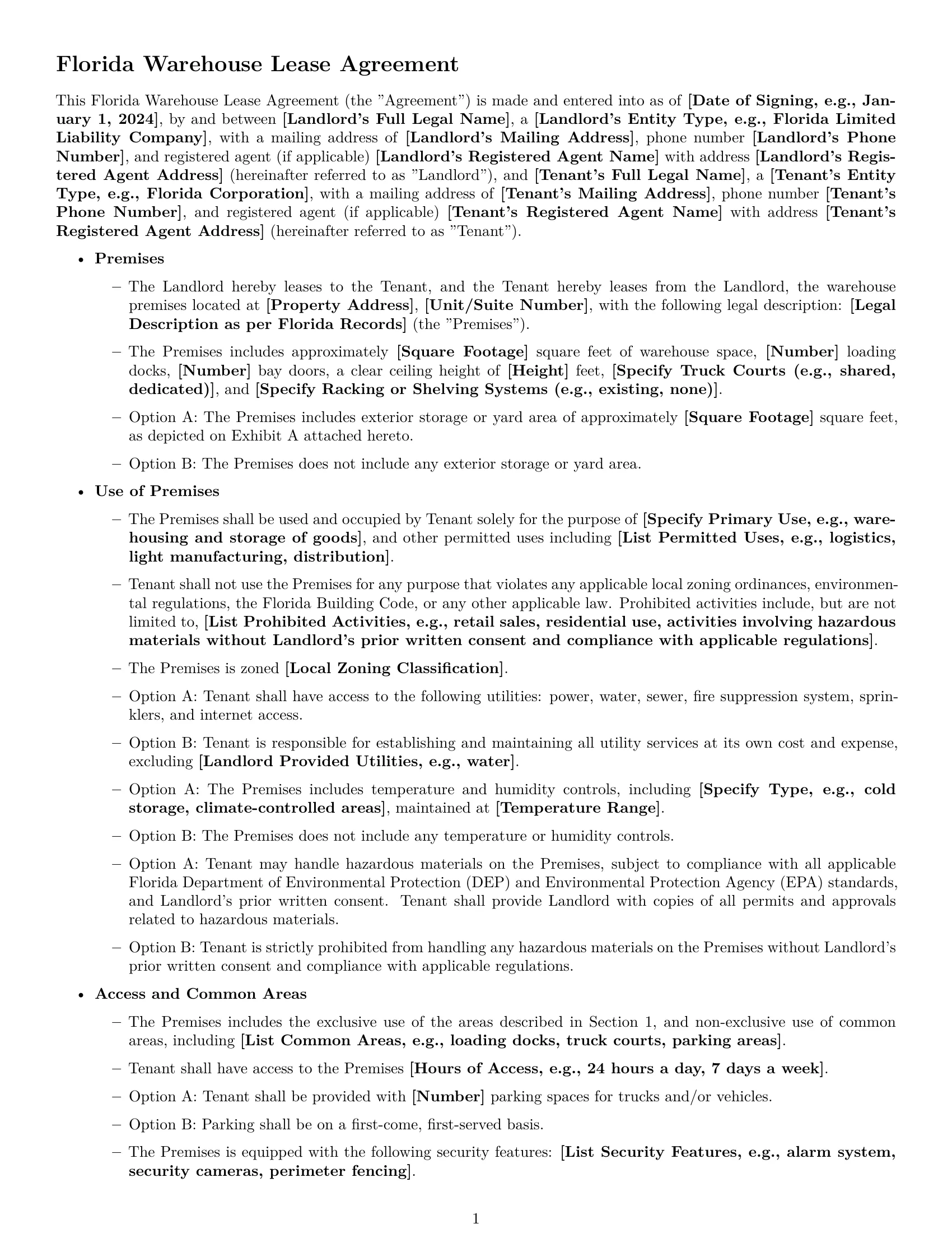 Preview page 1 of Free Florida warehouse lease agreement template