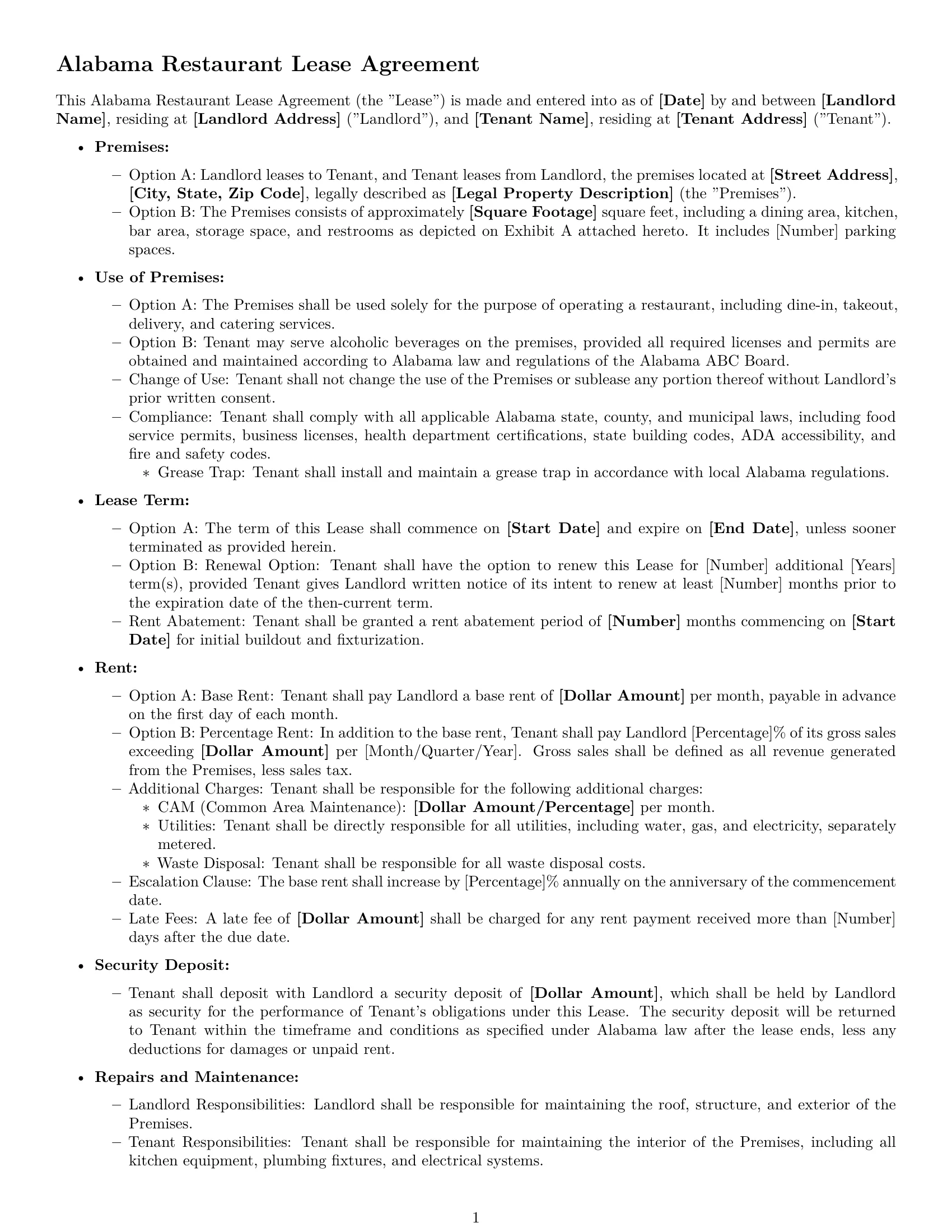 Preview page 1 of Free Alabama restaurant lease agreement template