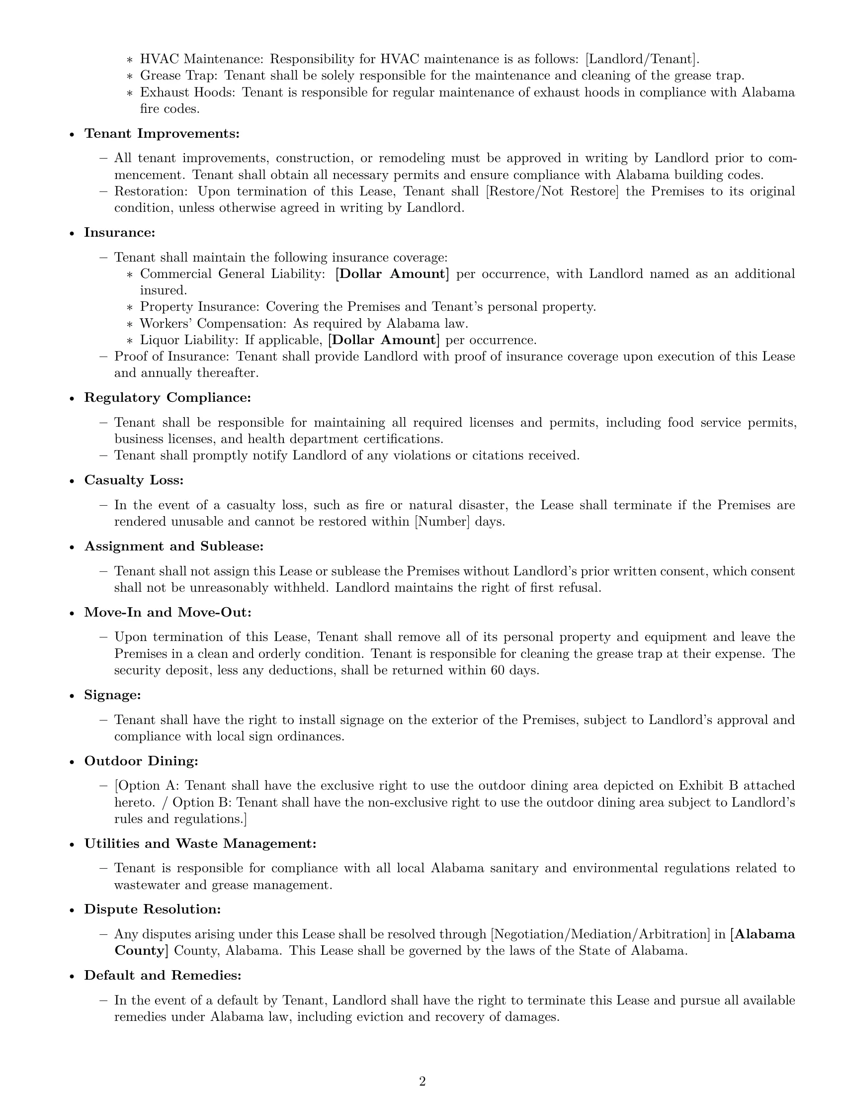 Preview page 2 of Free Alabama restaurant lease agreement template