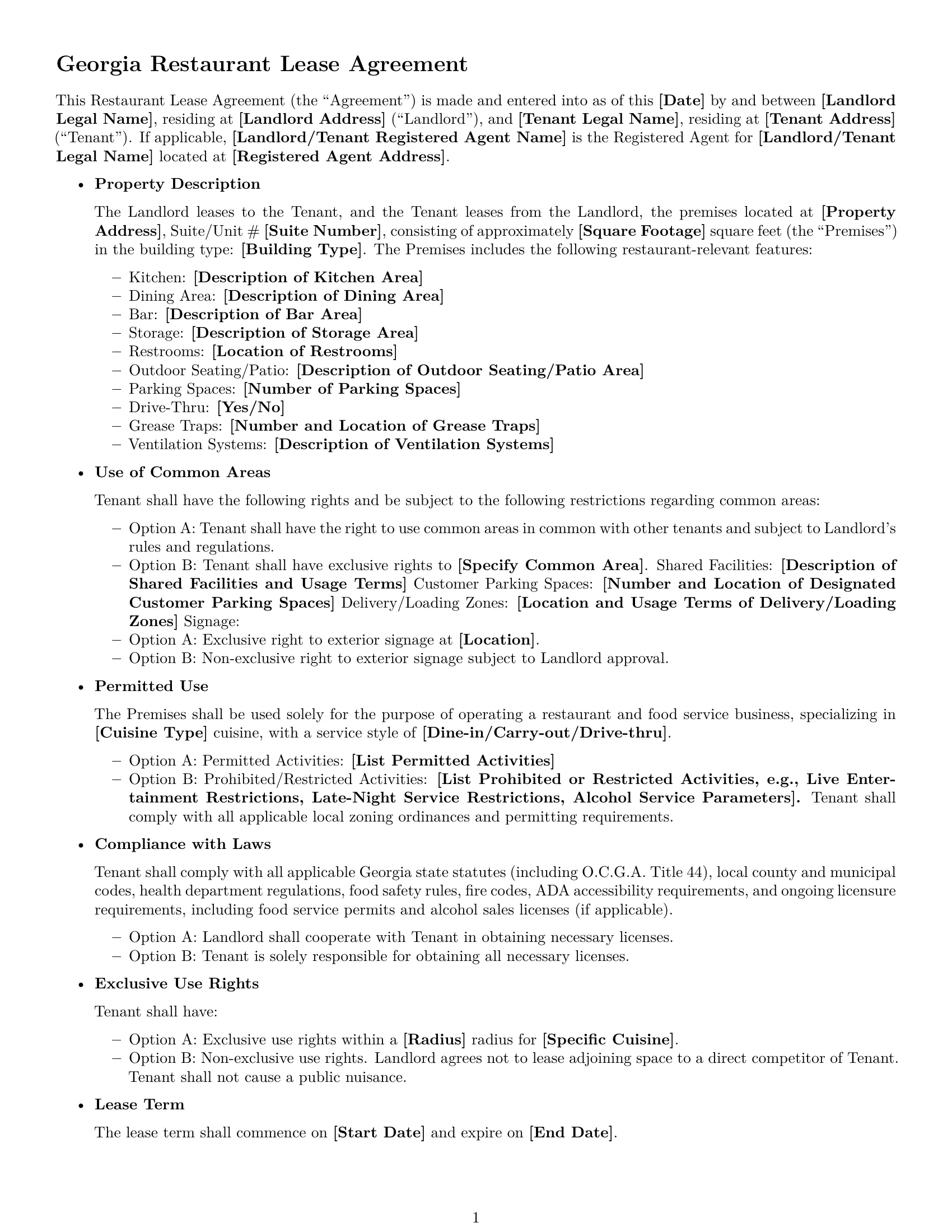 Preview page 1 of Free Georgia restaurant lease agreement template