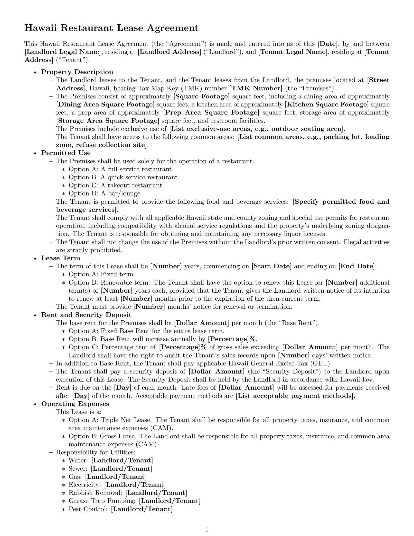 Preview page 1 of Free Hawaii restaurant lease agreement template