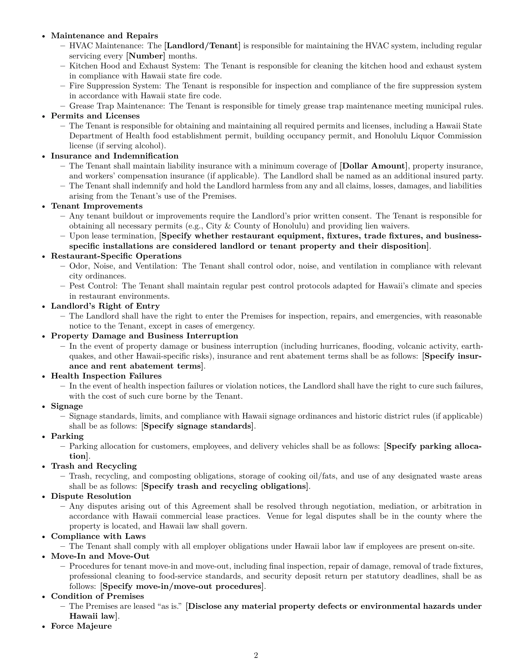 Preview page 2 of Free Hawaii restaurant lease agreement template