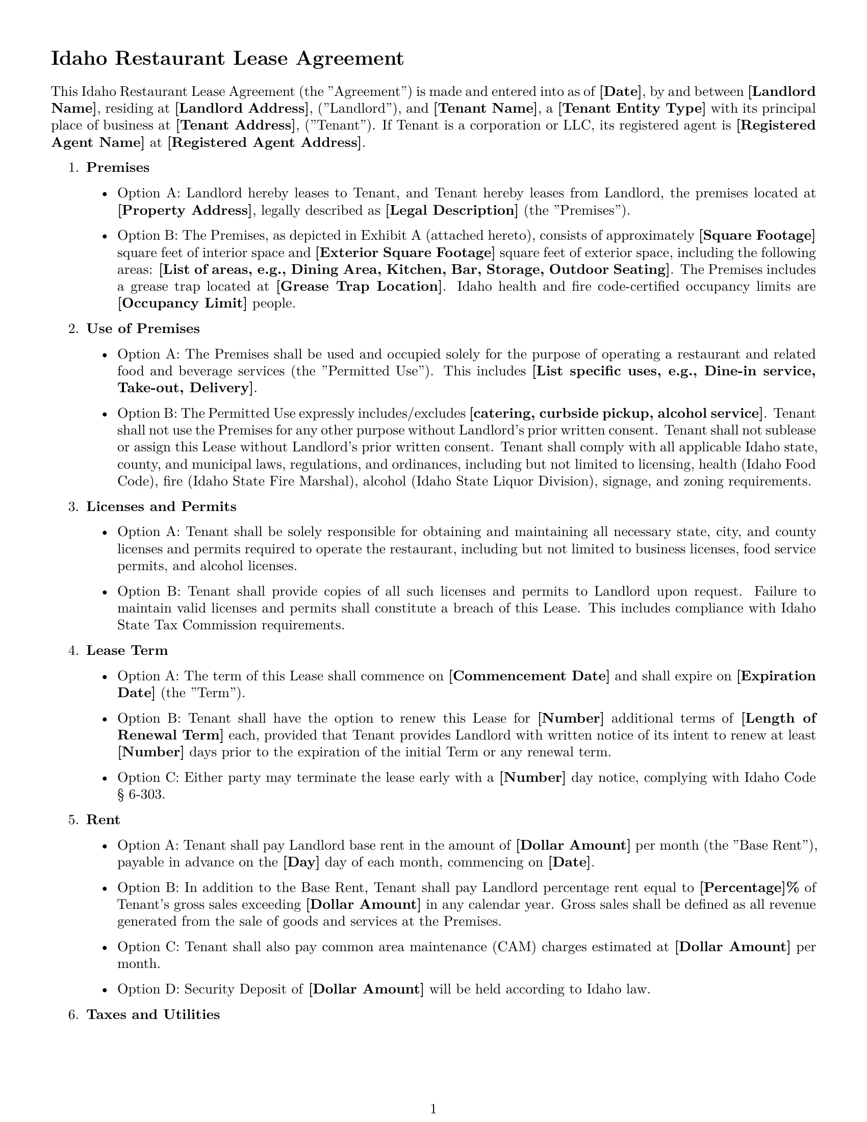 Preview page 1 of Free Idaho restaurant lease agreement template