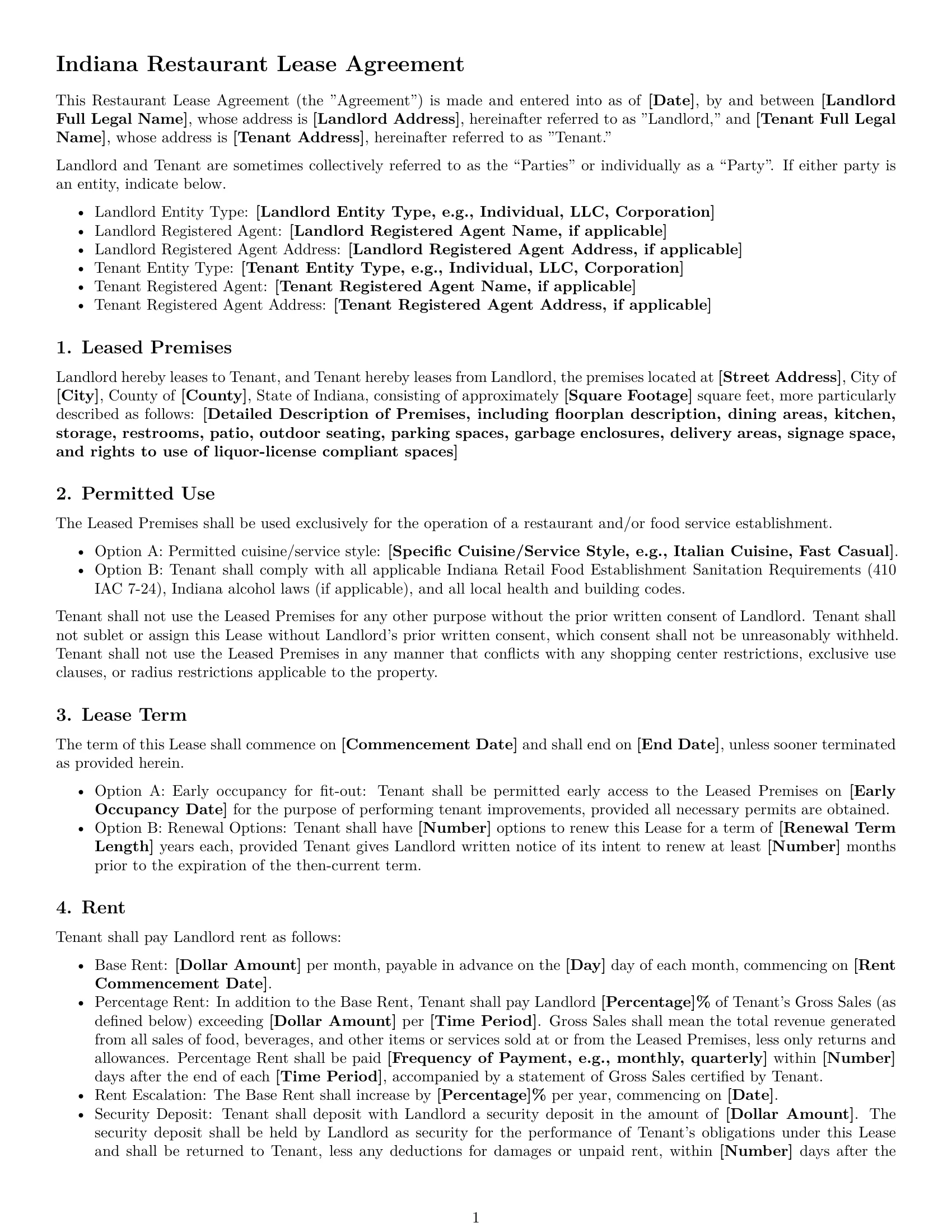 Preview page 1 of Free Indiana restaurant lease agreement template