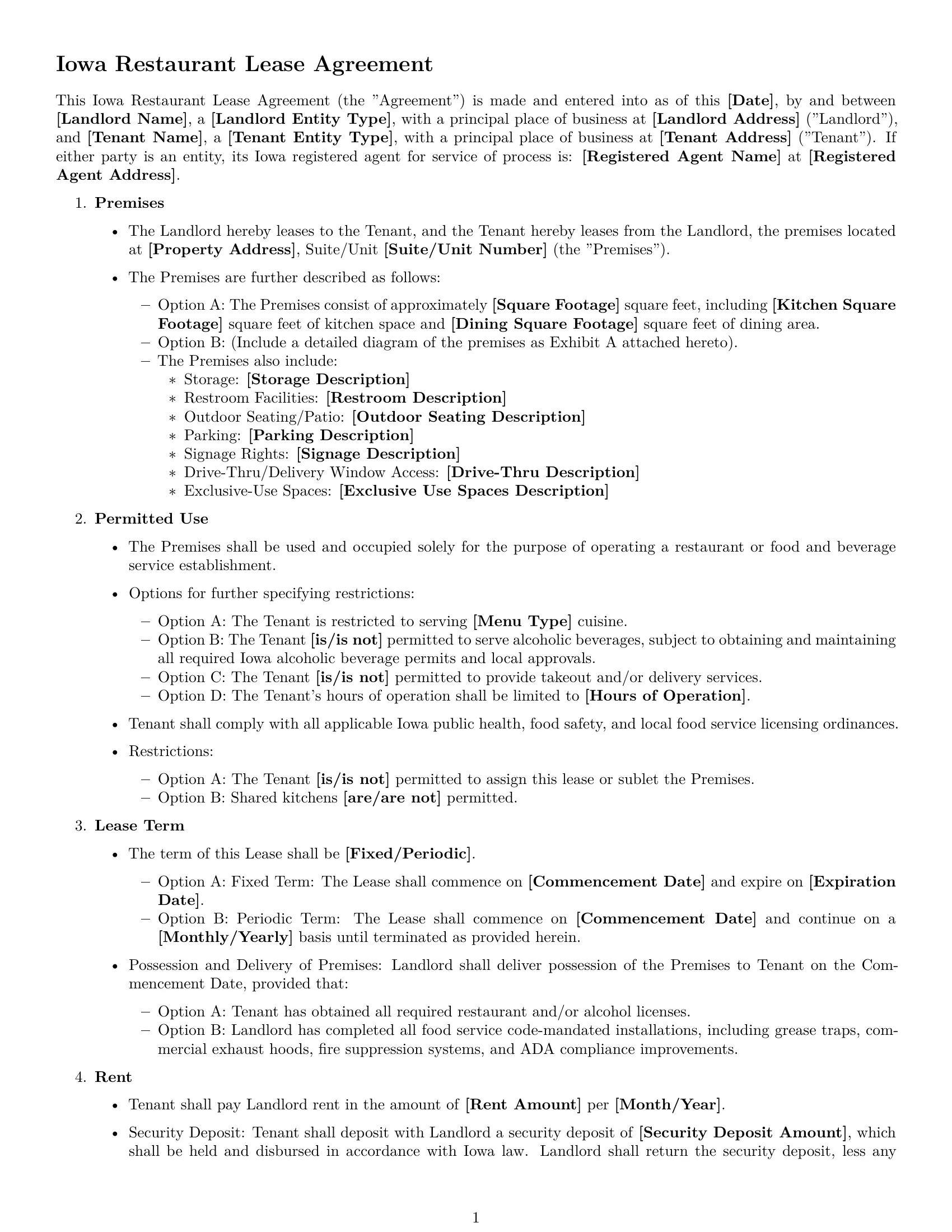 Preview page 1 of Free Iowa restaurant lease agreement template