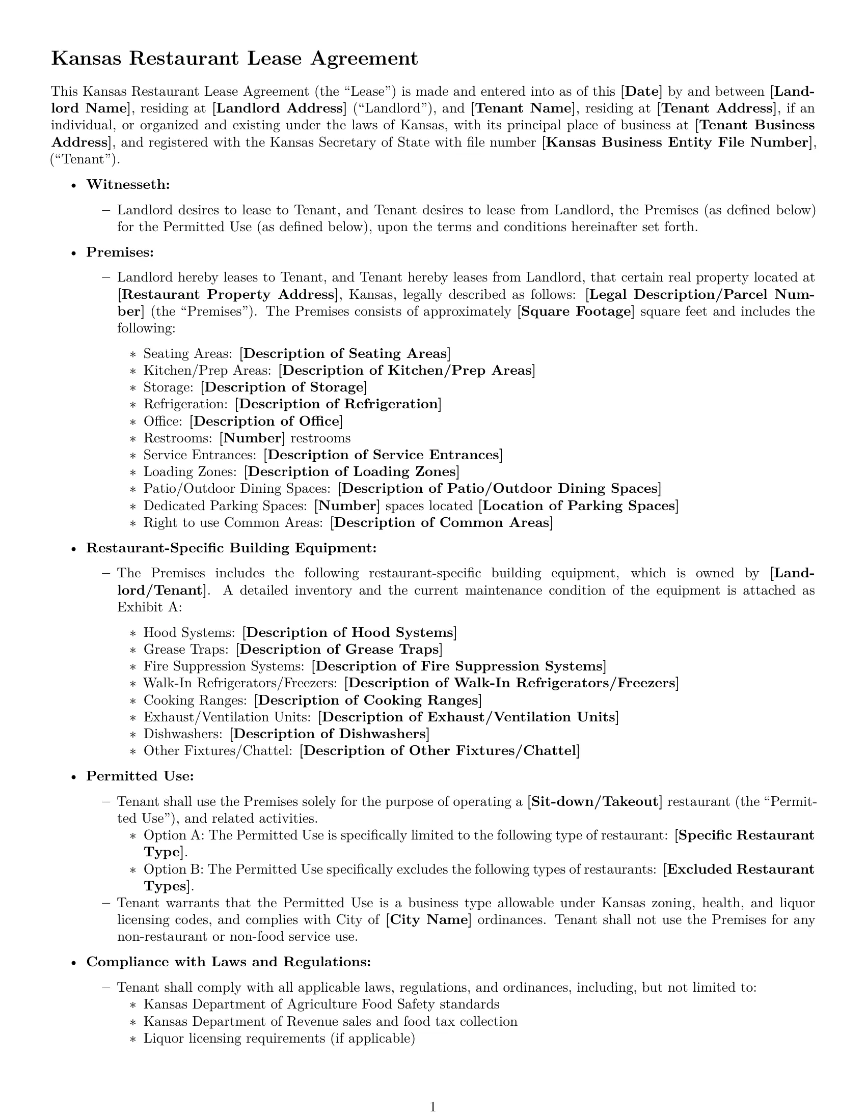 Preview page 1 of Free Kansas restaurant lease agreement template