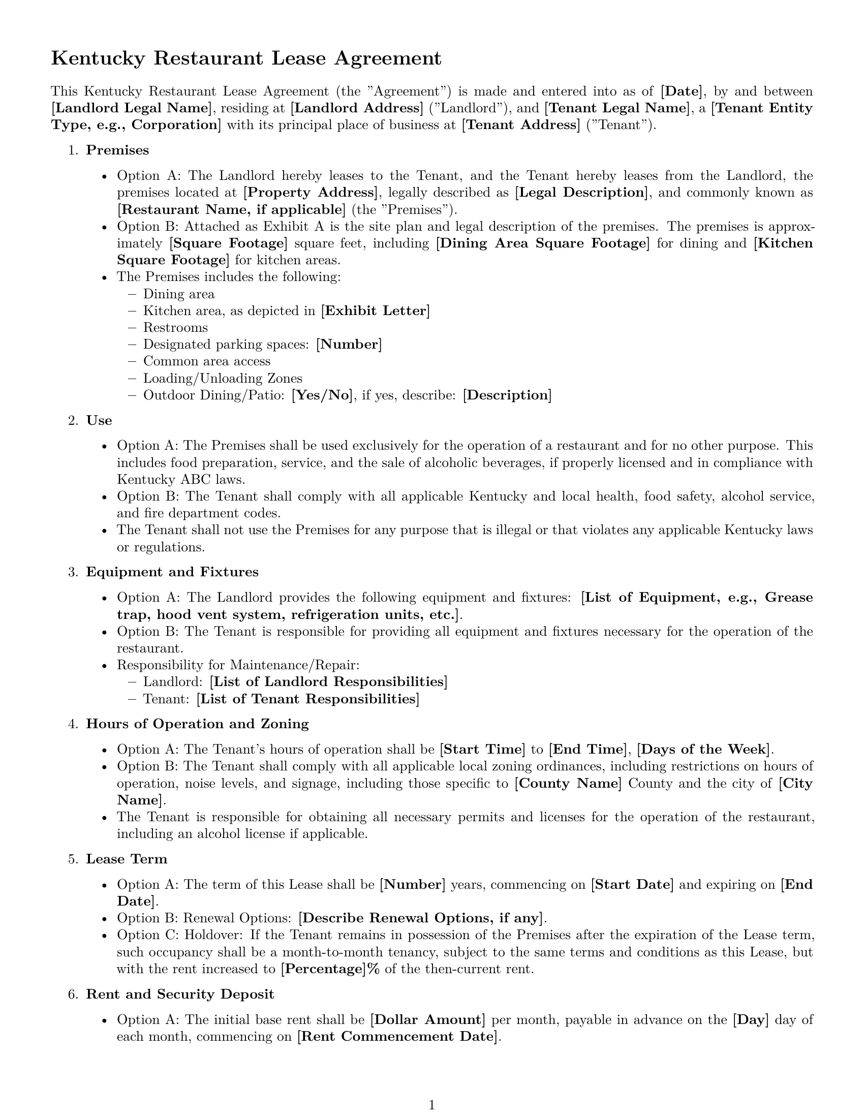 Preview page 1 of Free Kentucky restaurant lease agreement template