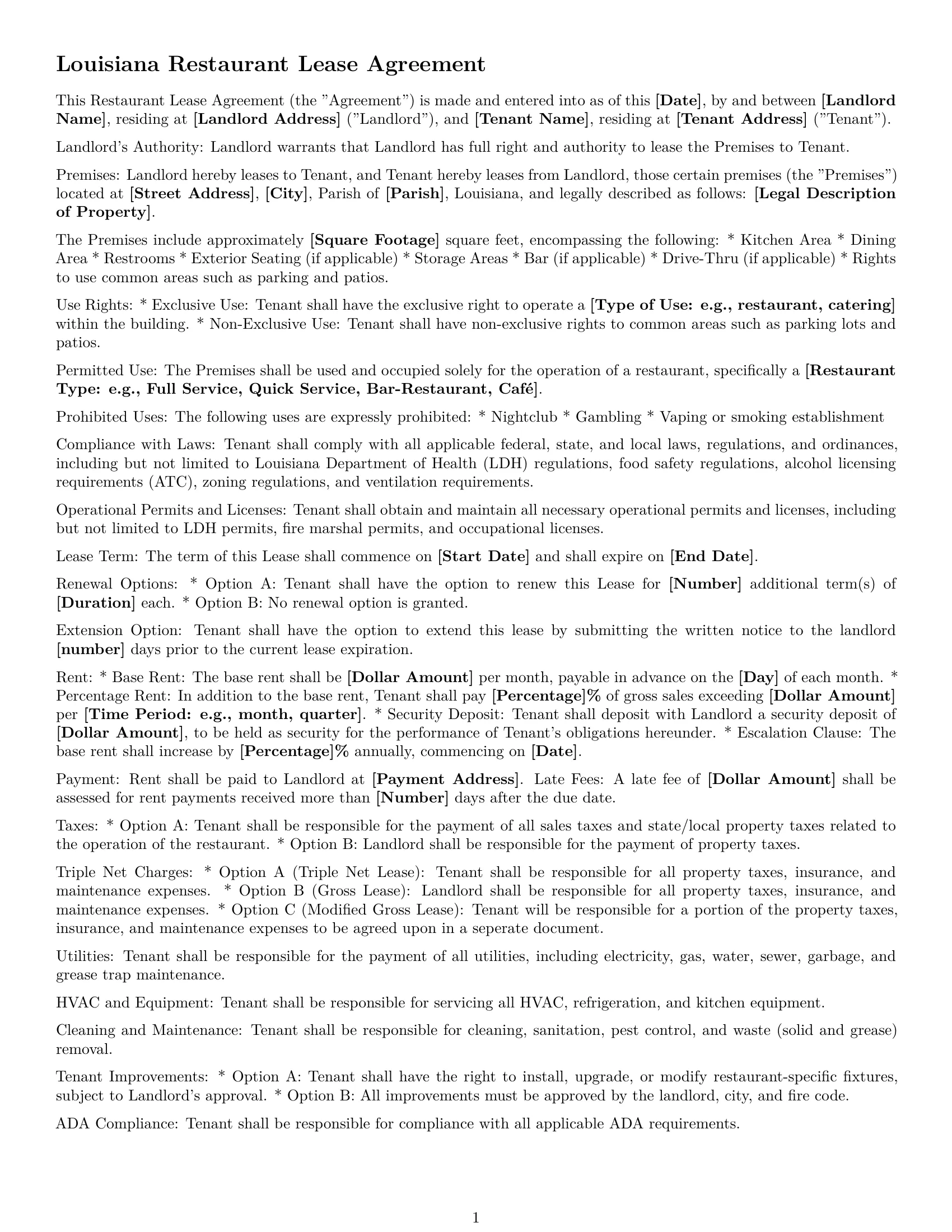 Preview page 1 of Free Louisiana restaurant lease agreement template