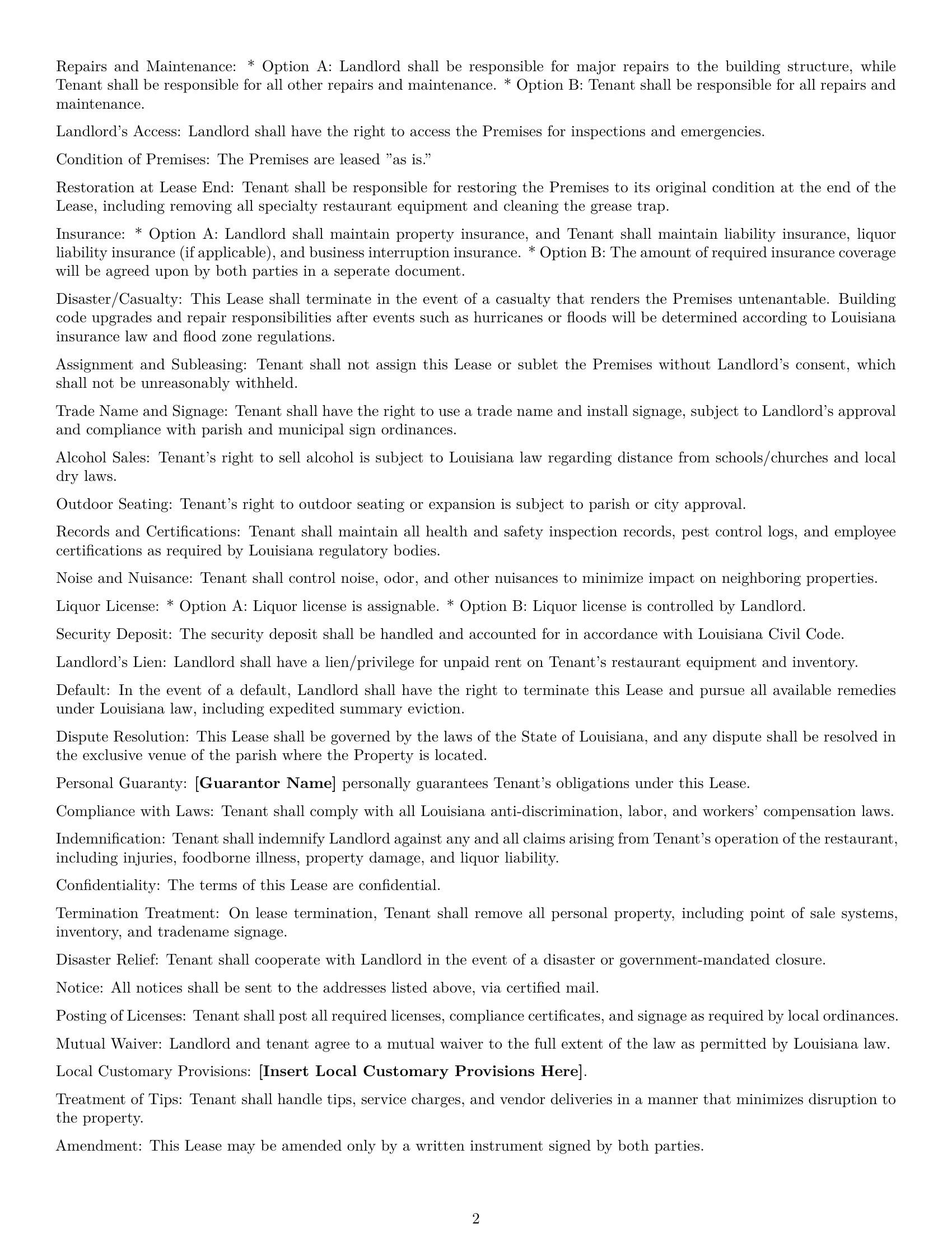 Preview page 2 of Free Louisiana restaurant lease agreement template