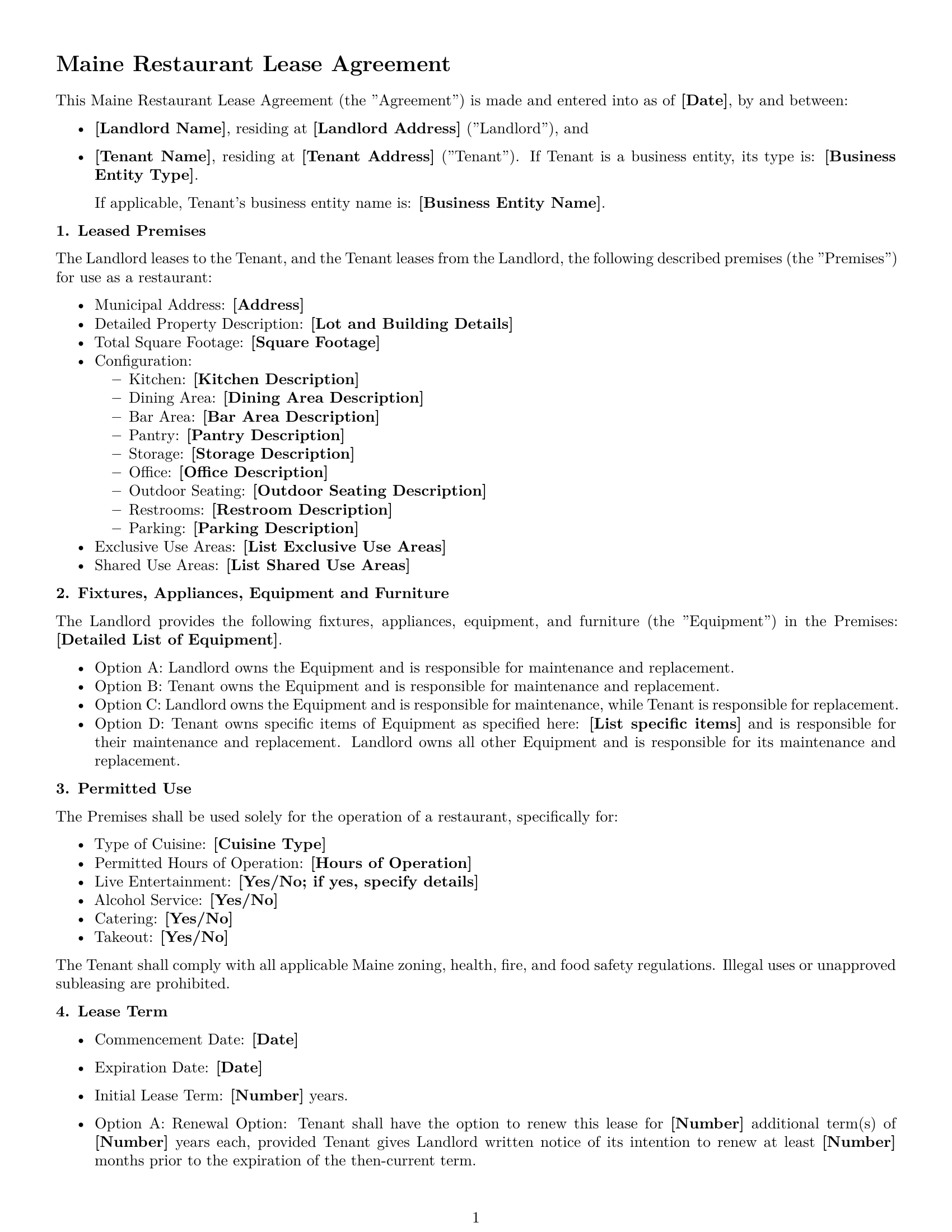 Preview page 1 of Free Maine restaurant lease agreement template