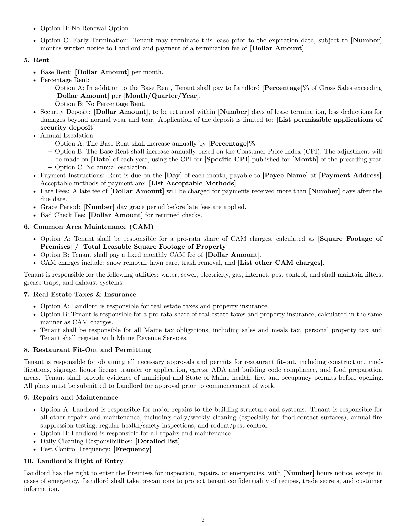 Preview page 2 of Free Maine restaurant lease agreement template