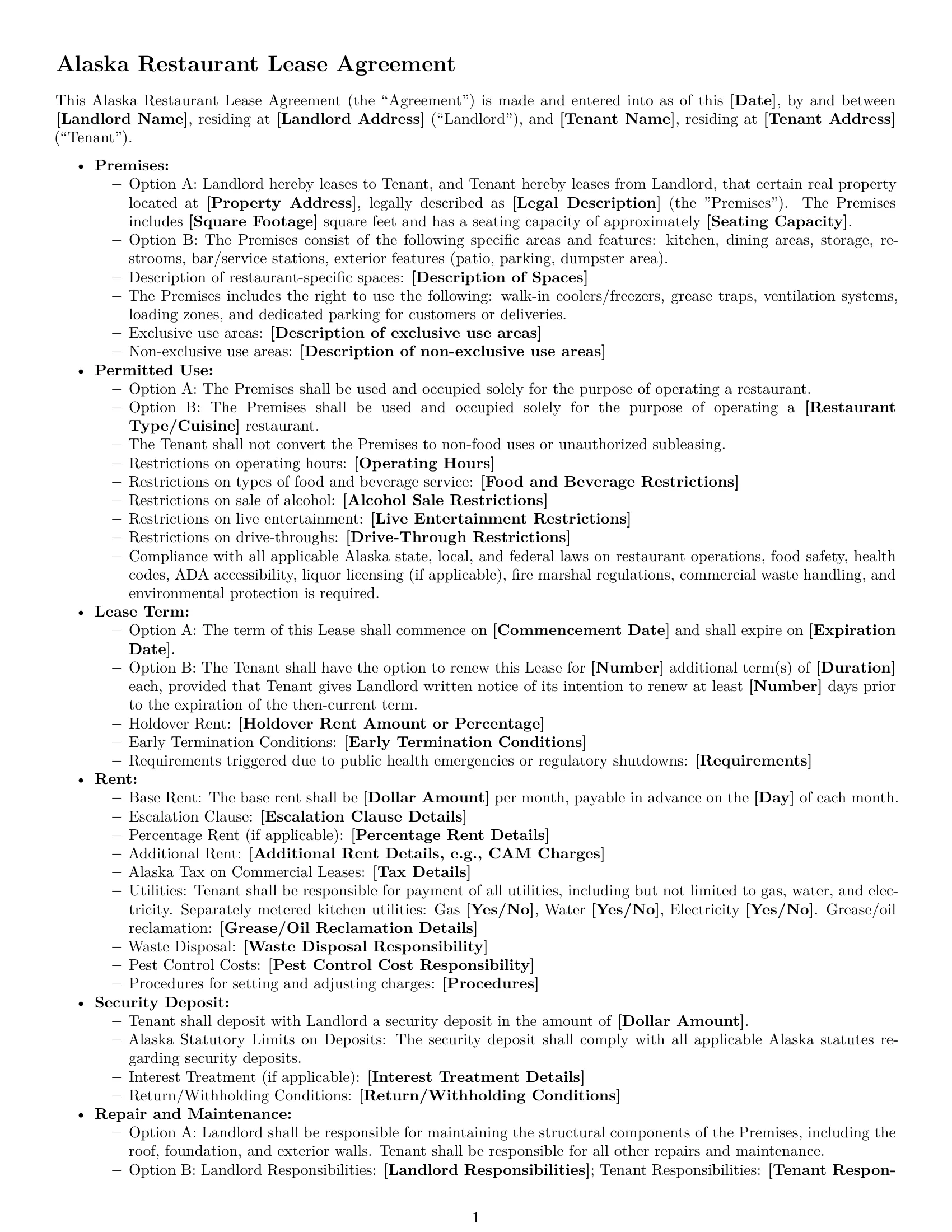 Preview page 1 of Free Alaska restaurant lease agreement template