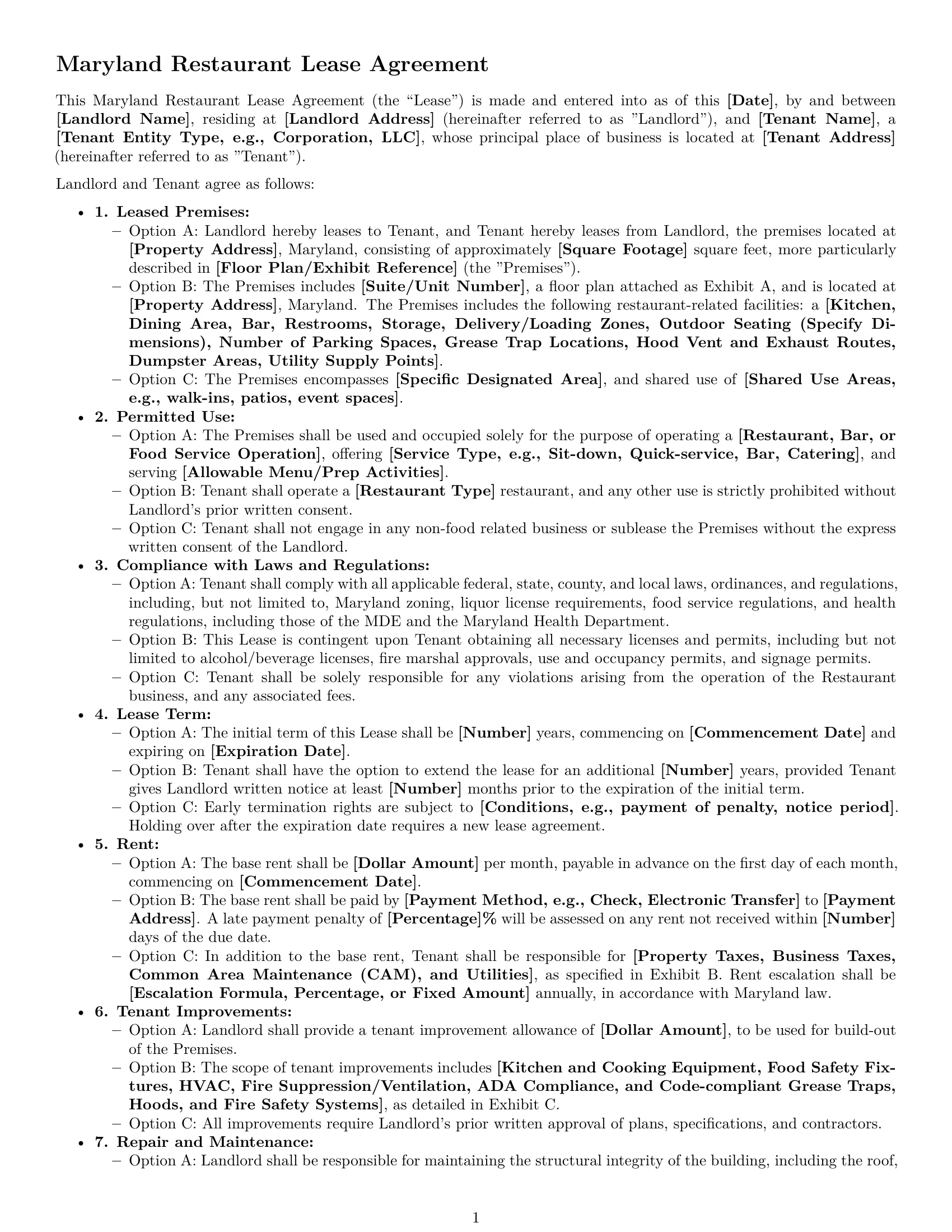Preview page 1 of Free Maryland restaurant lease agreement template