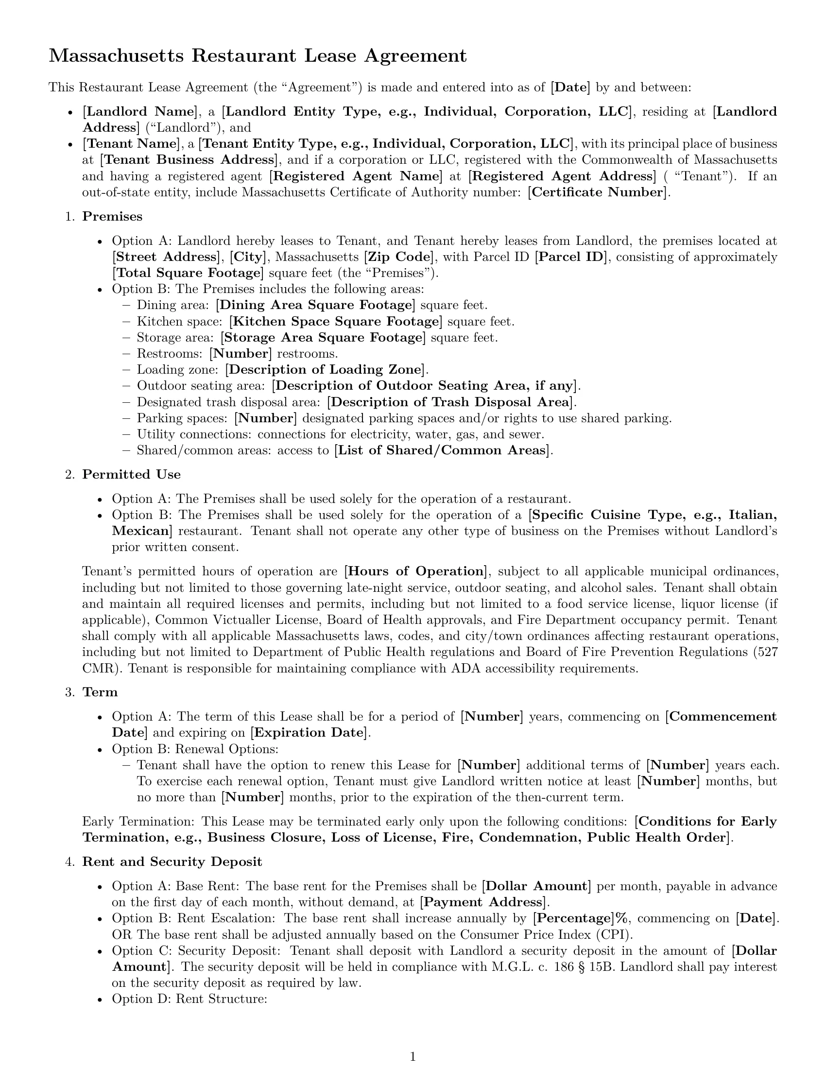 Preview page 1 of Free Massachusetts restaurant lease agreement template
