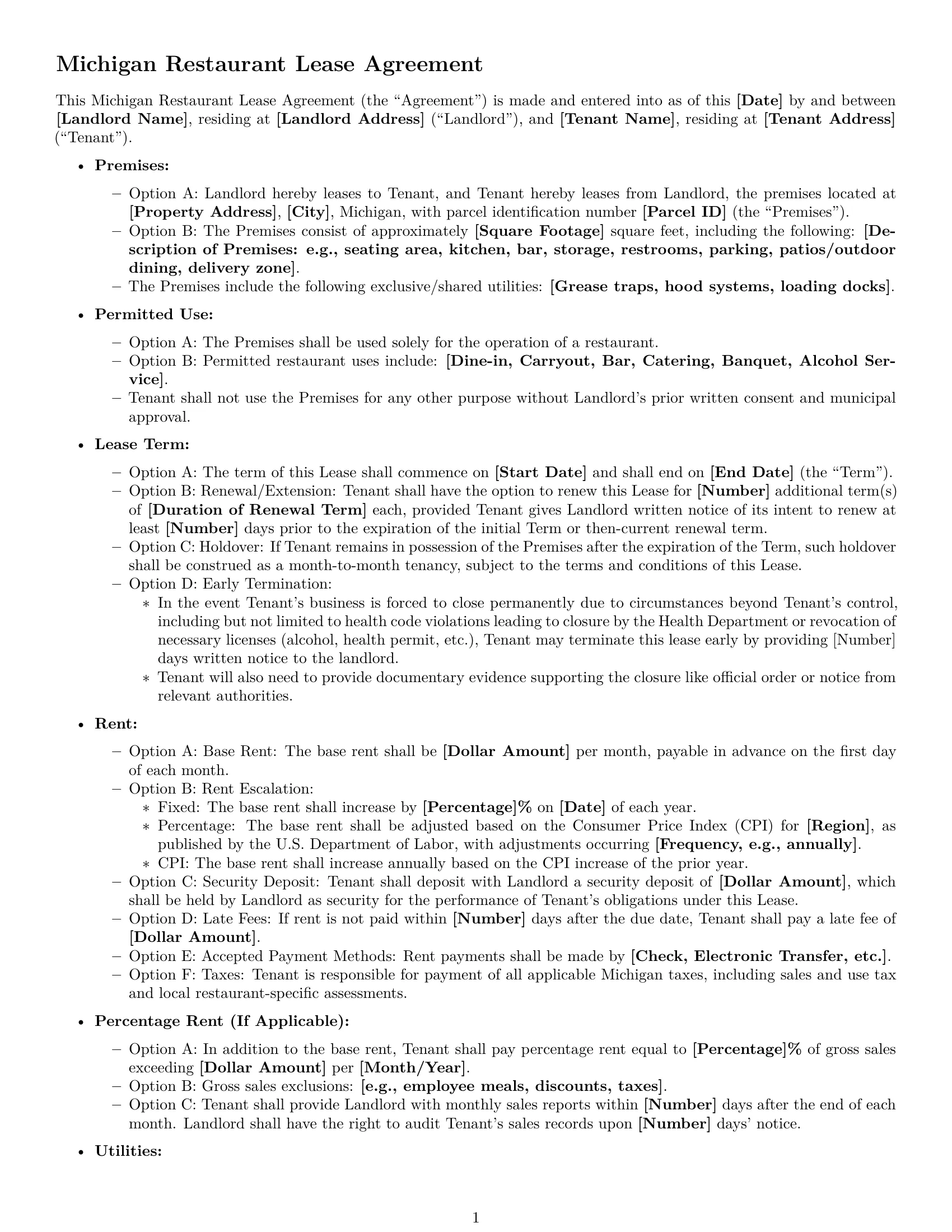 Preview page 1 of Free Michigan restaurant lease agreement template