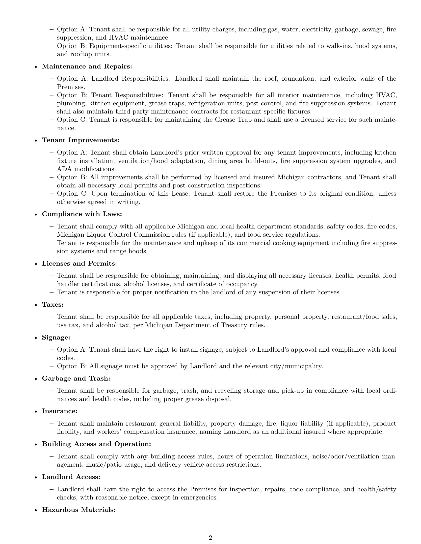 Preview page 2 of Free Michigan restaurant lease agreement template