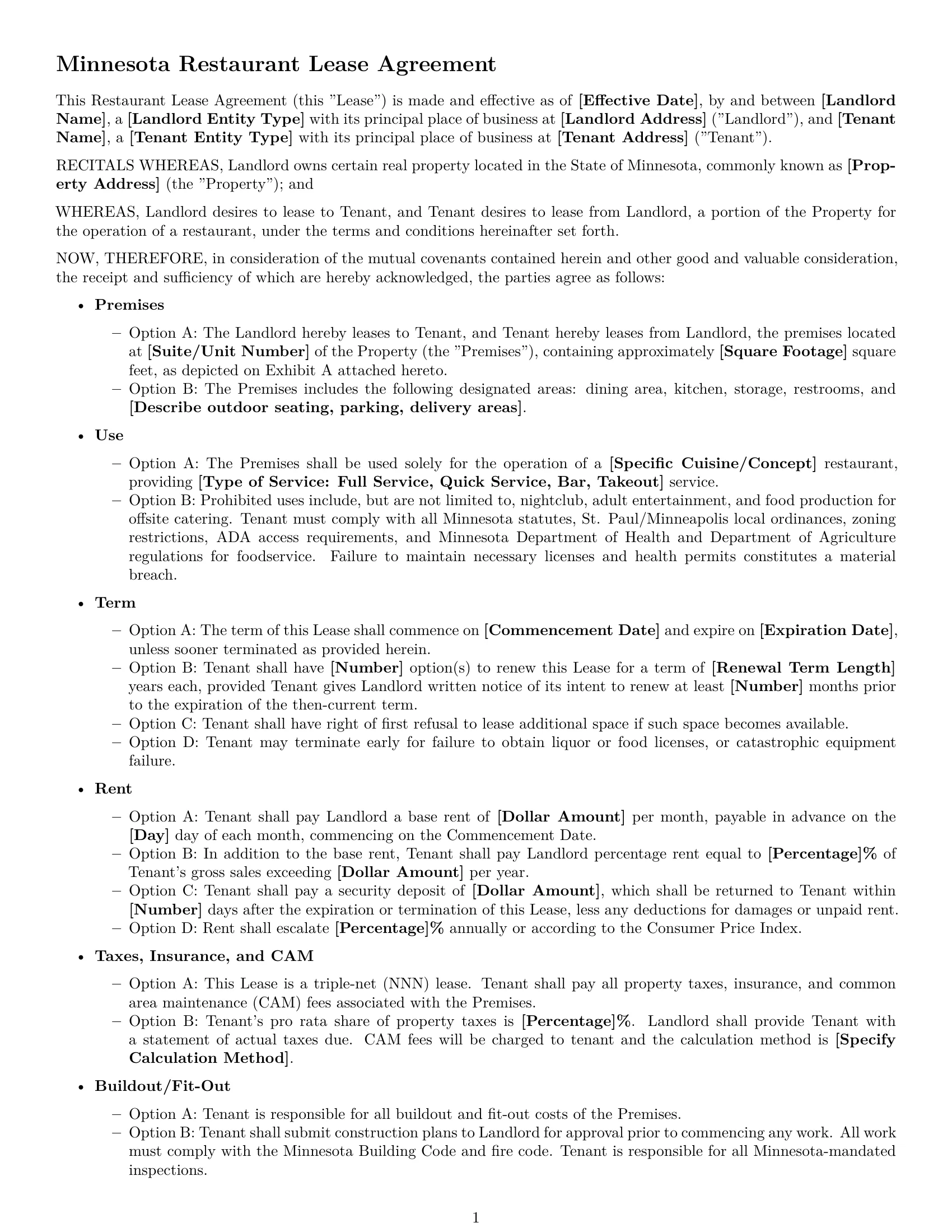 Preview page 1 of Free Minnesota restaurant lease agreement template
