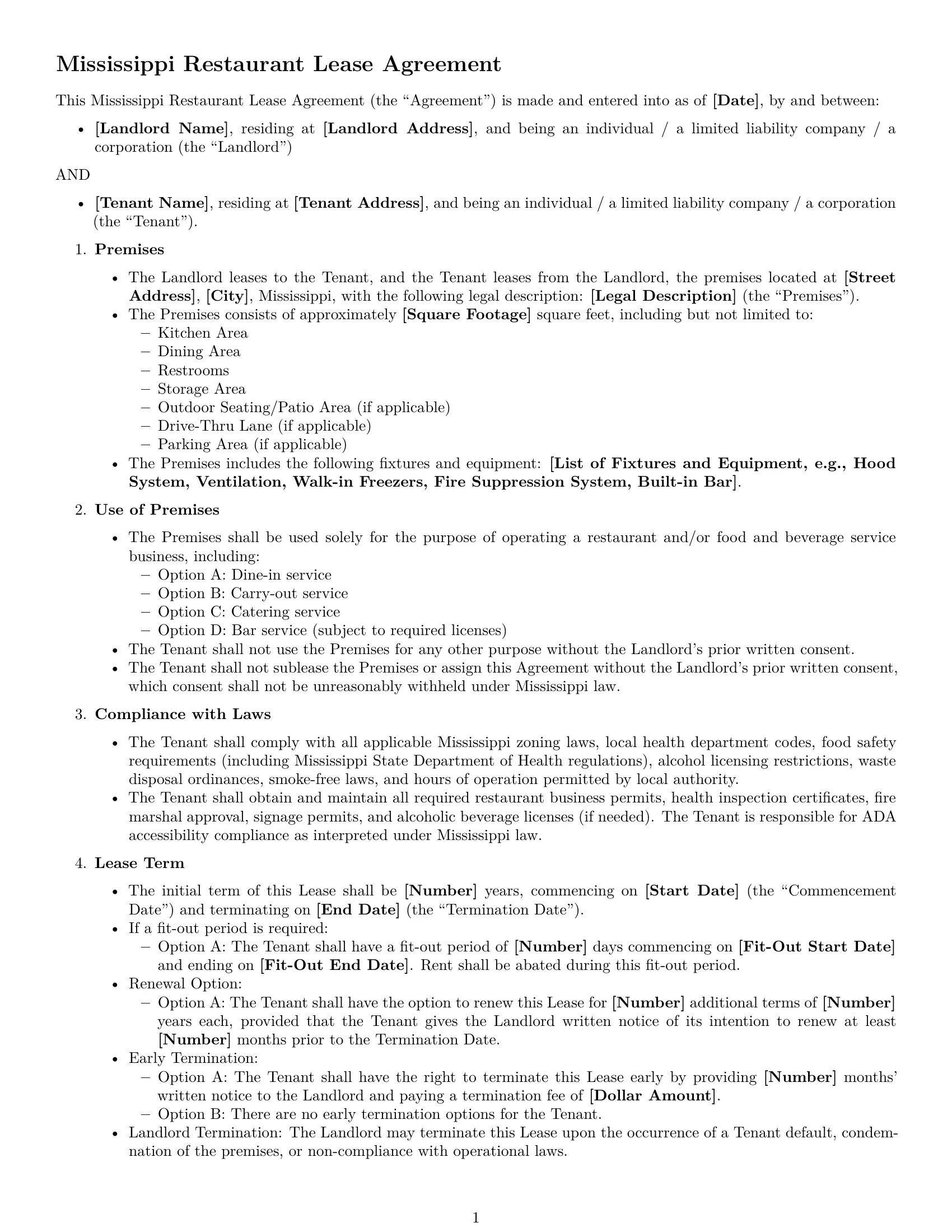 Preview page 1 of Free Mississippi restaurant lease agreement template