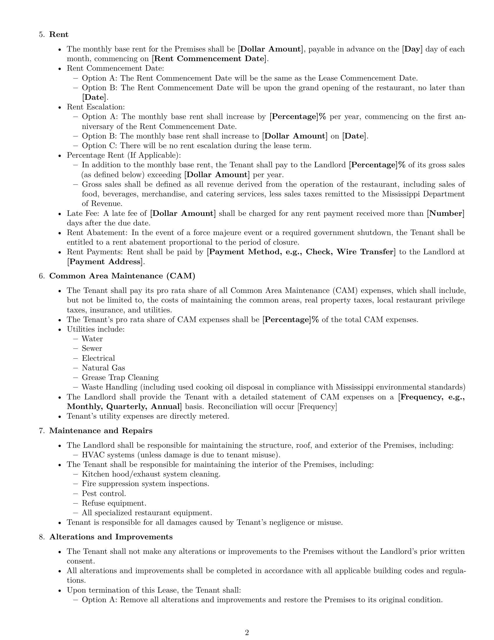 Preview page 2 of Free Mississippi restaurant lease agreement template