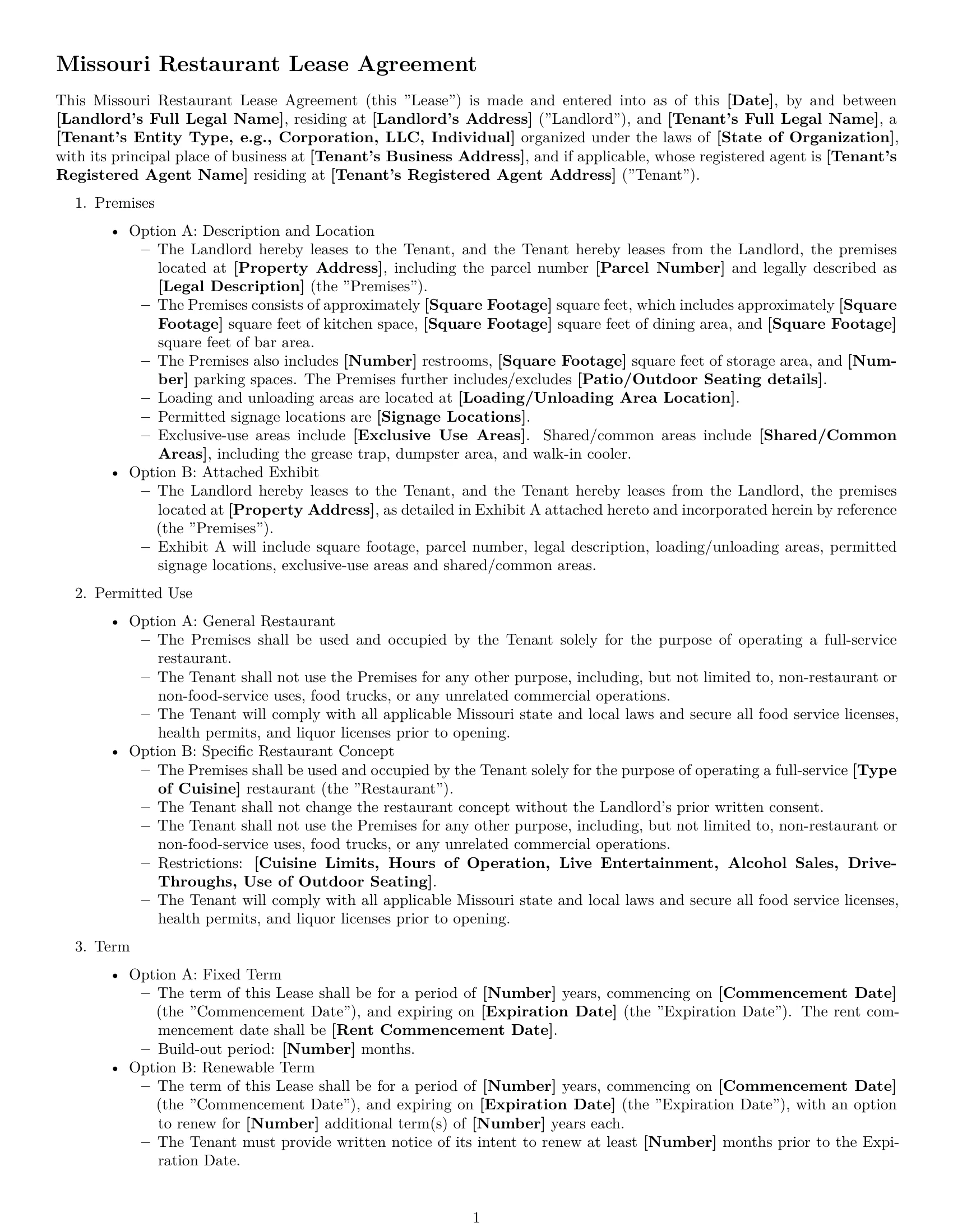 Preview page 1 of Free Missouri restaurant lease agreement template
