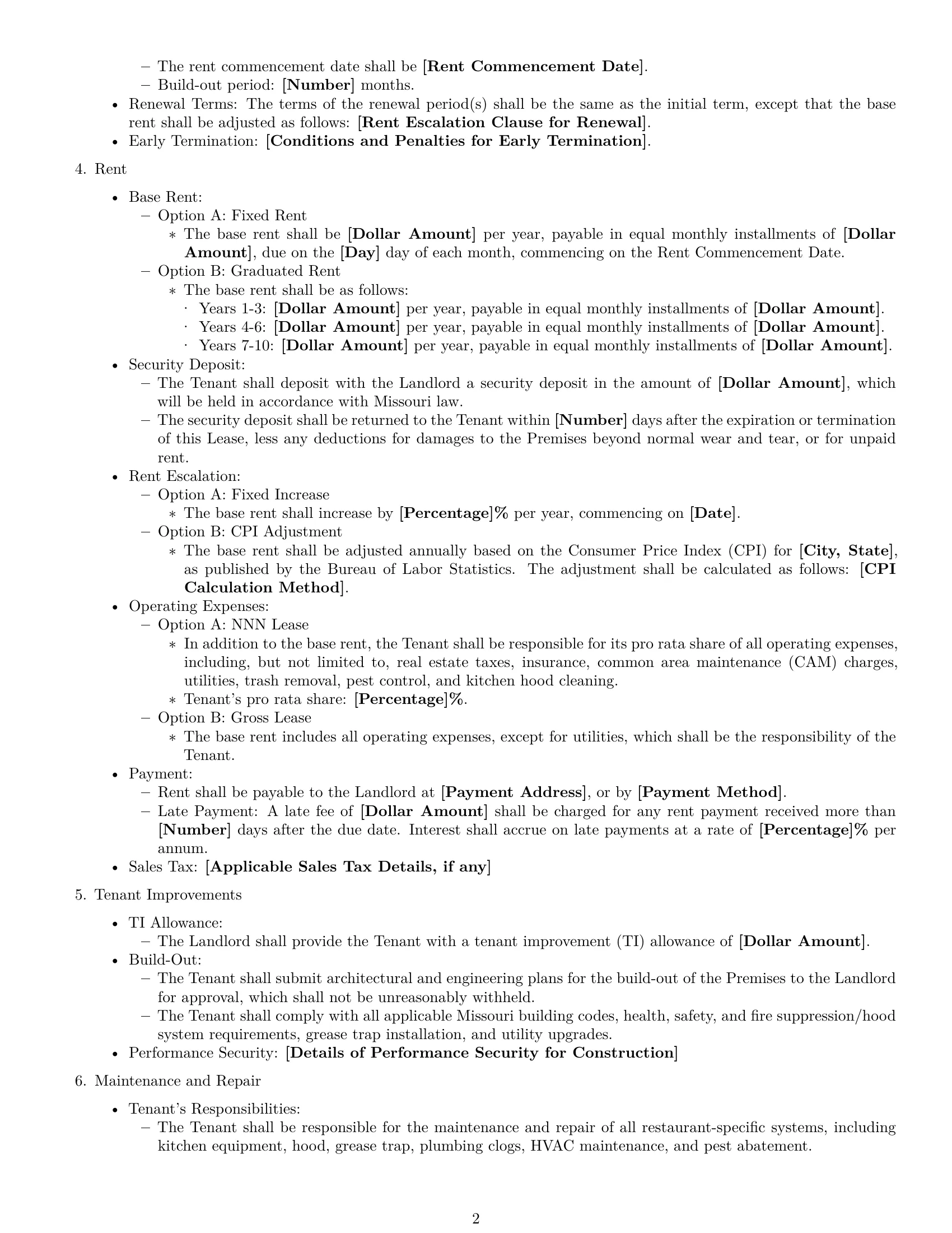 Preview page 2 of Free Missouri restaurant lease agreement template