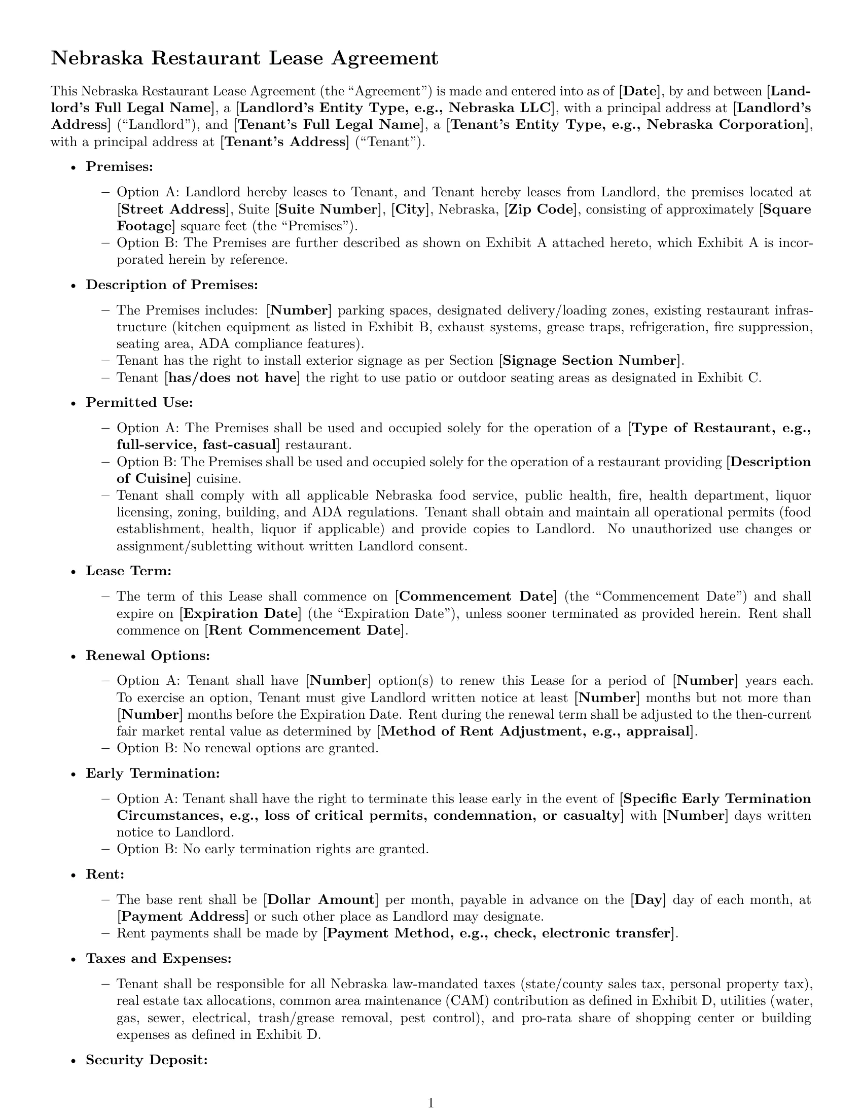 Preview page 1 of Free Nebraska restaurant lease agreement template