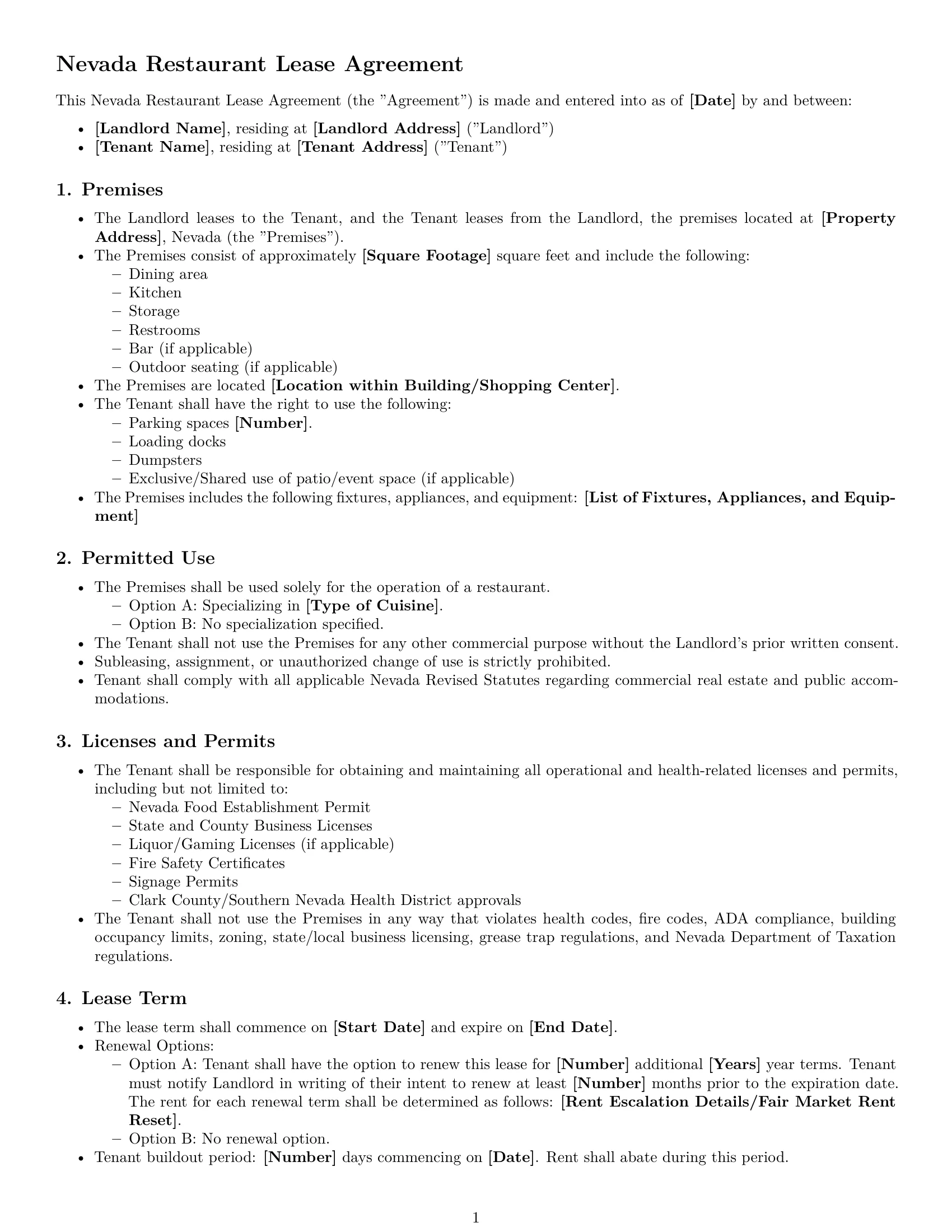 Preview page 1 of Free Nevada restaurant lease agreement template