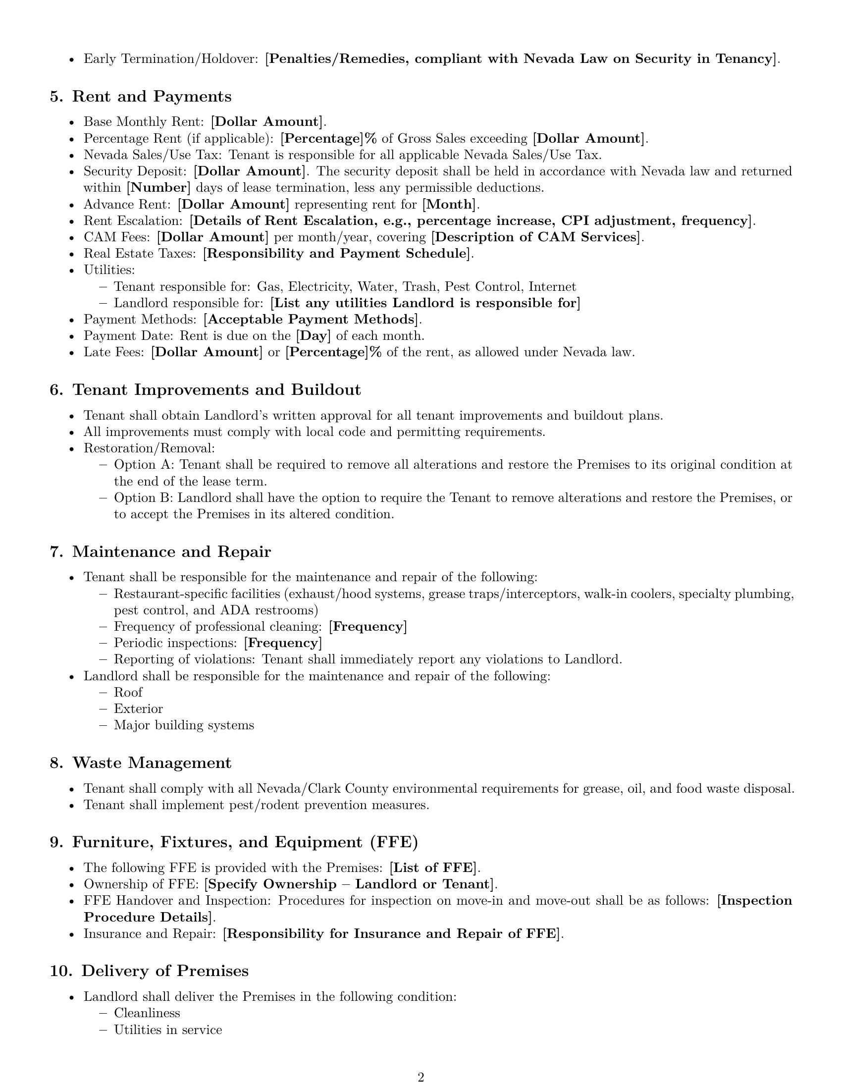 Preview page 2 of Free Nevada restaurant lease agreement template